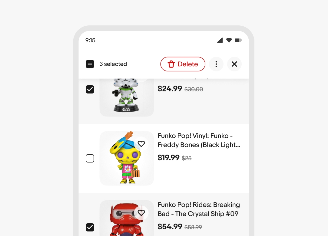 An eBay mobile screen with a bulk edit action bar fixed to the top of the screen.