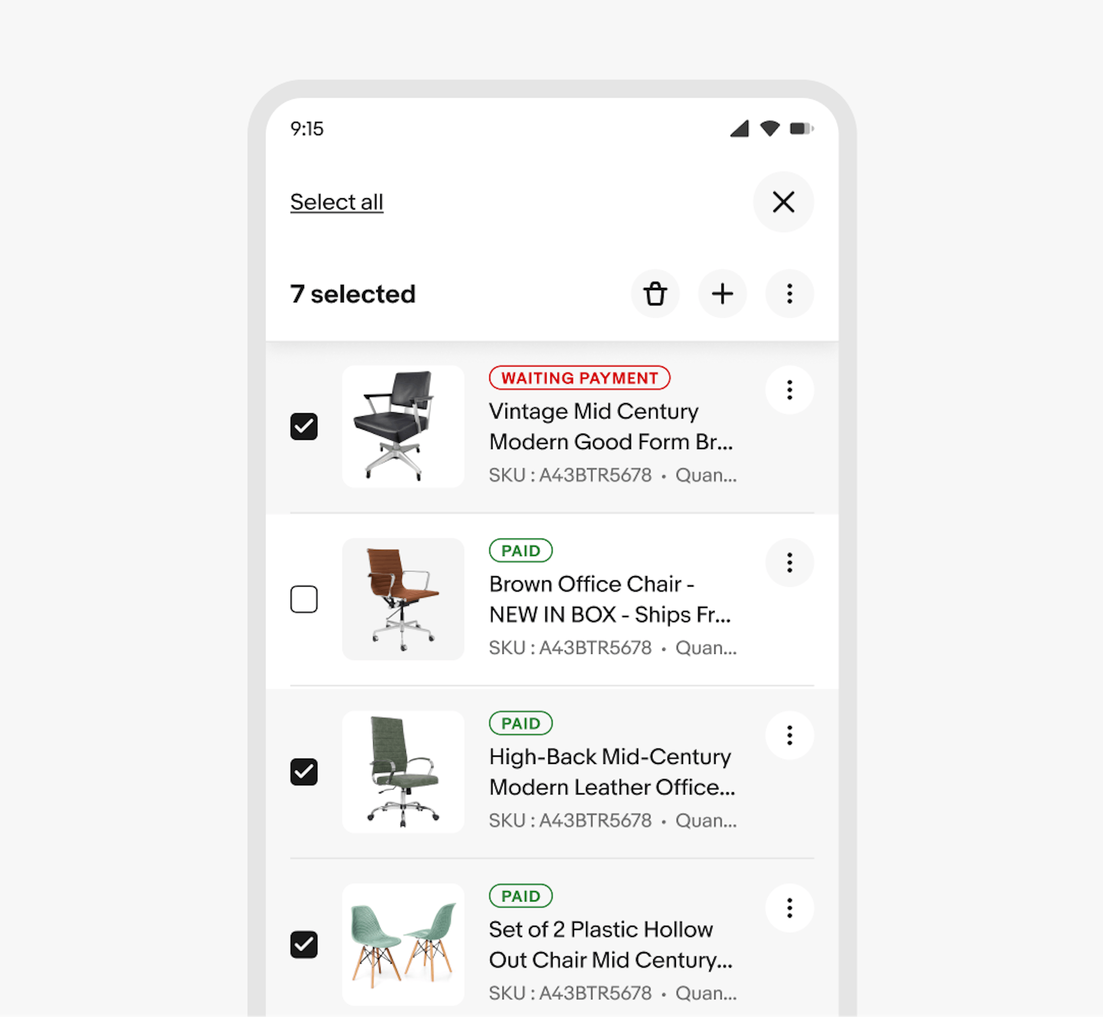 A bulk edit action on the header of the native app. Four products are selected, with three action buttons and an overflow icon button.