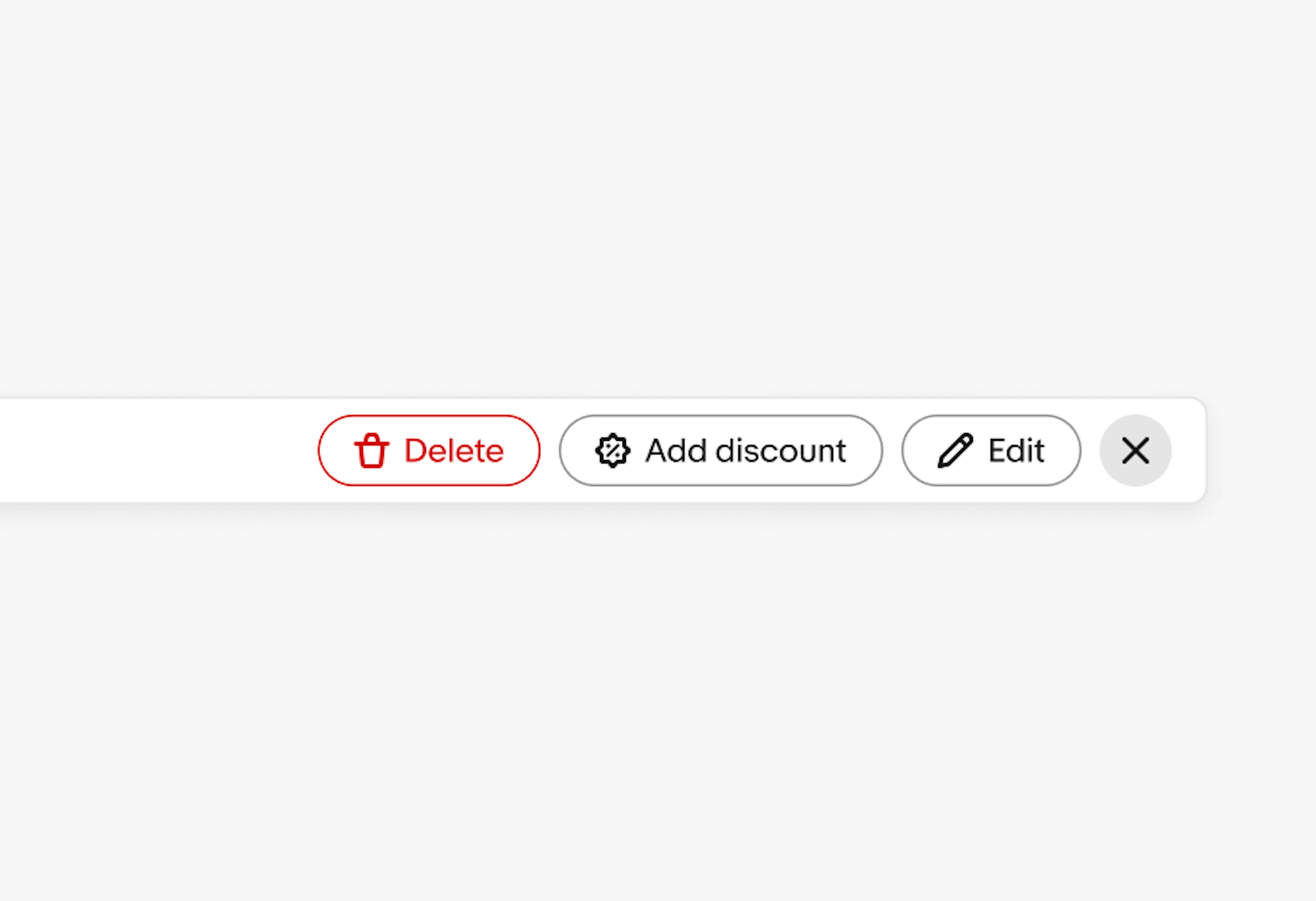 A ‘Delete’ action button, an ‘Add discount’ action button, and an ‘Edit’ action button on a bulk edit bar. The ‘Delete’ button is red.