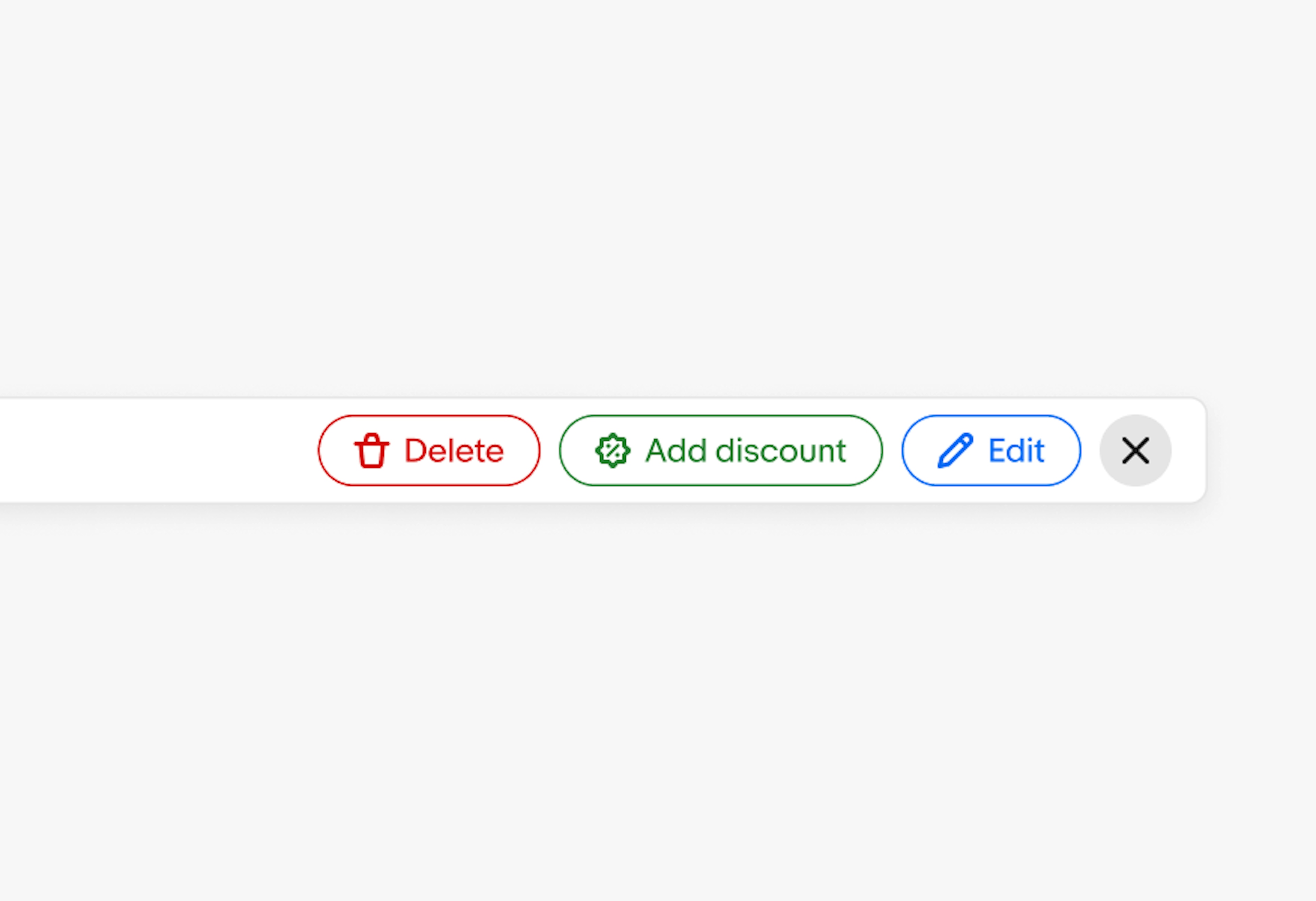 A ‘Delete’ action button, an ‘Add discount’ action button, and an ‘Edit’ action button on a bulk edit bar. The ‘Delete’ button is red, the ‘Add discount’ button is green, and the ‘Edit’ button is blue.