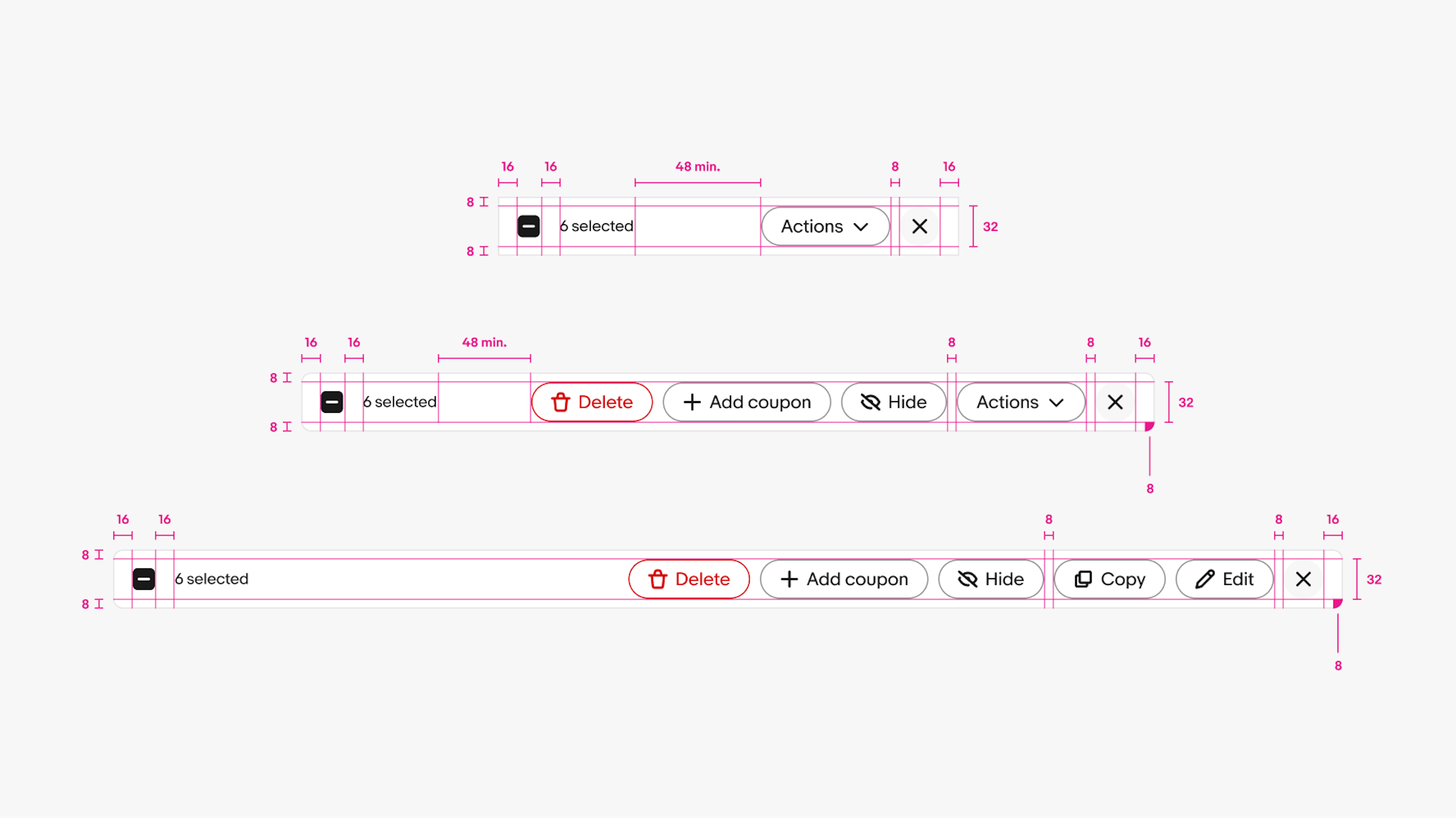 Three bulk edit bars are shown with specs highlighted. The padding on the top and bottom of the bar is 8px, and the padding on the left and right of the bar is 16px. The padding between the checkbox and the selector & counter label is 16px. The padding between the action buttons is 8px. The padding between the last action button and the close button is 8px. The corner radius on bulk edit bars on larger screens is 16px.