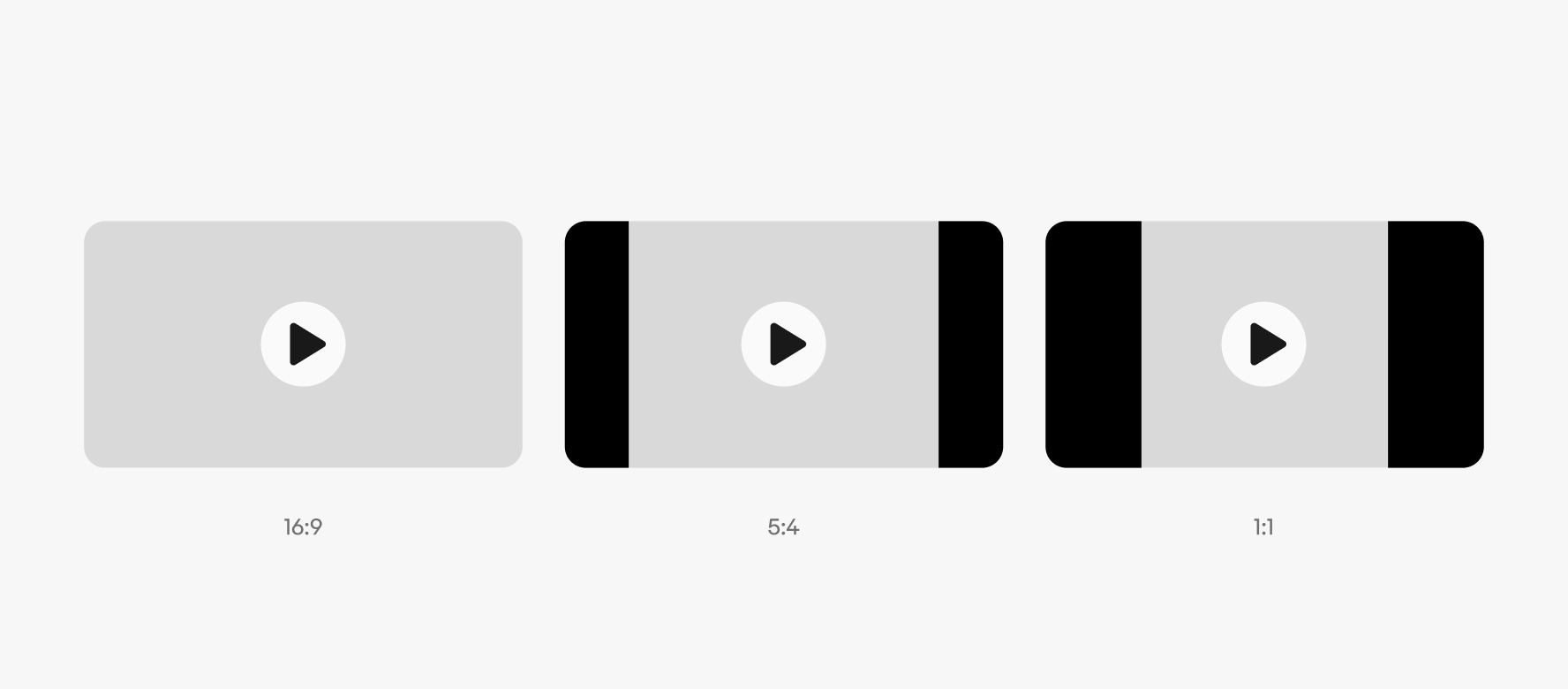 Three video players, the first with a ratio of 16:9, the second with a ratio of 5:4, and the third with a ratio of 1:1.
