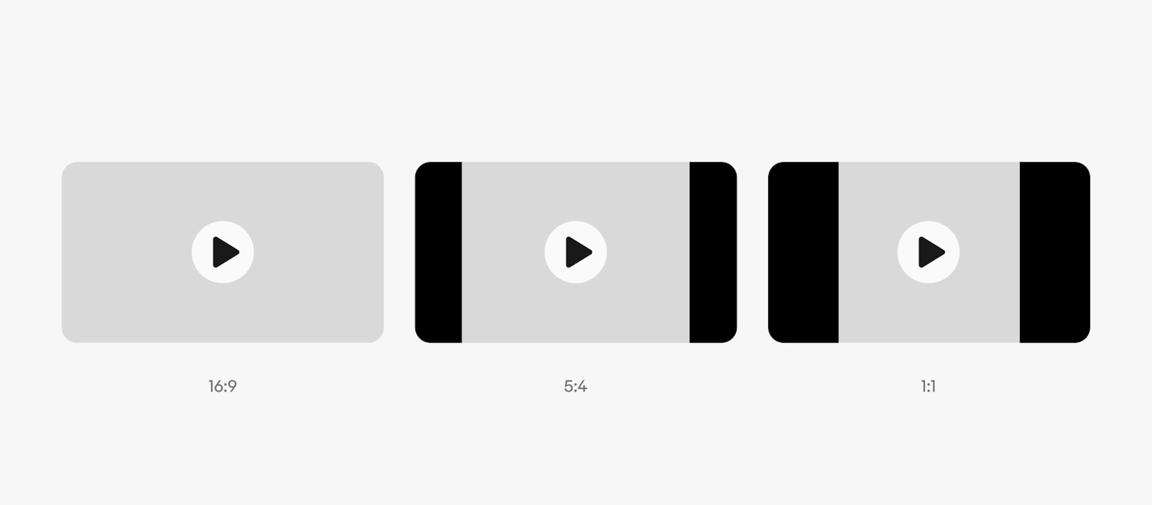 Three video players, the first with a ratio of 16:9, the second with a ratio of 5:4, and the third with a ratio of 1:1.