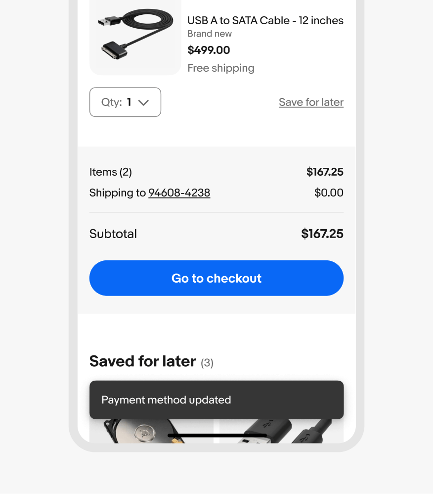 A snackbar on a small screen. There is no tab bar, but the snackbar hovers comfortably above the bottom of the screen.