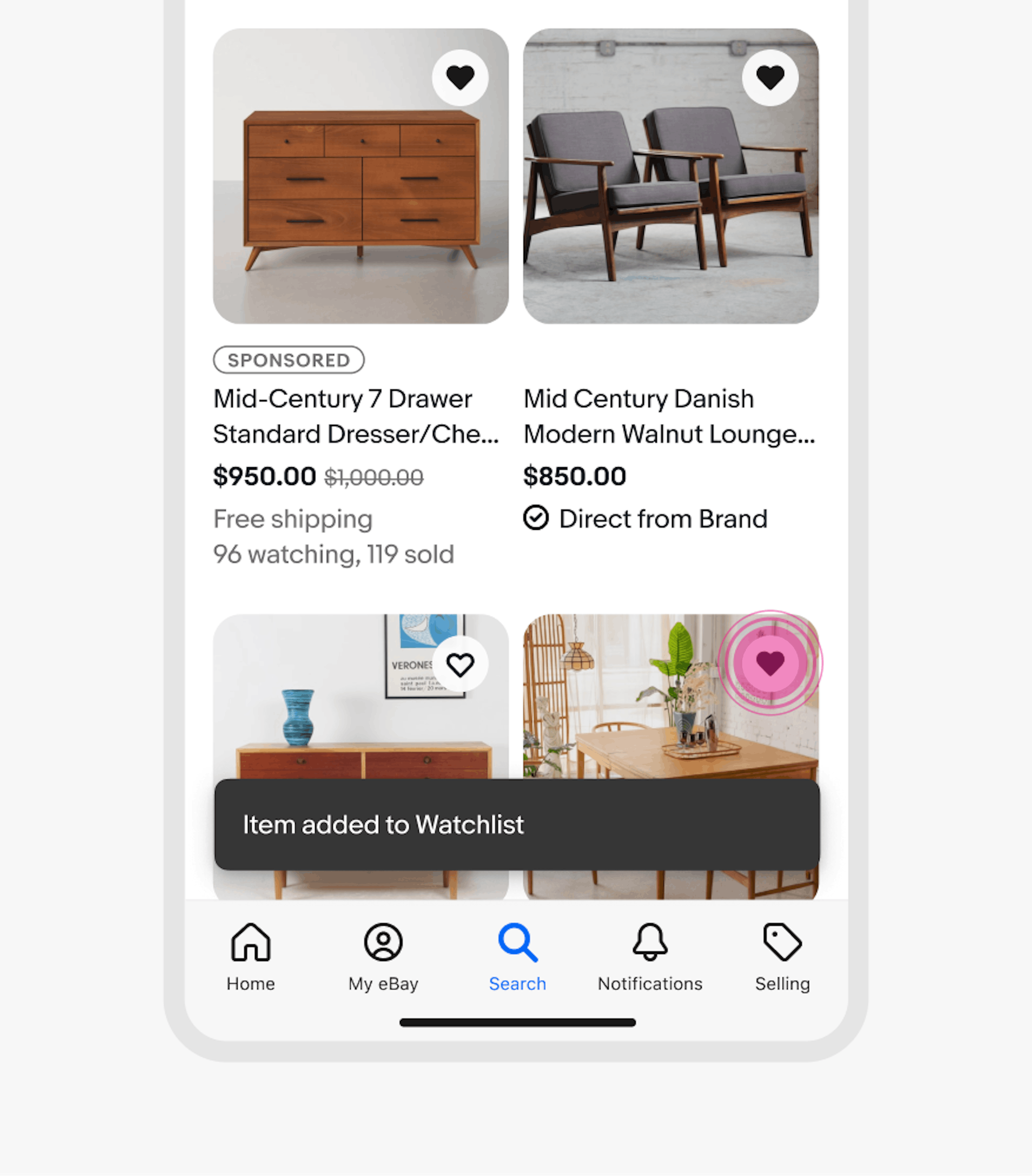 A mobile search results page where each item tile save action triggers a snackbar with “Item added to Watchlist”.