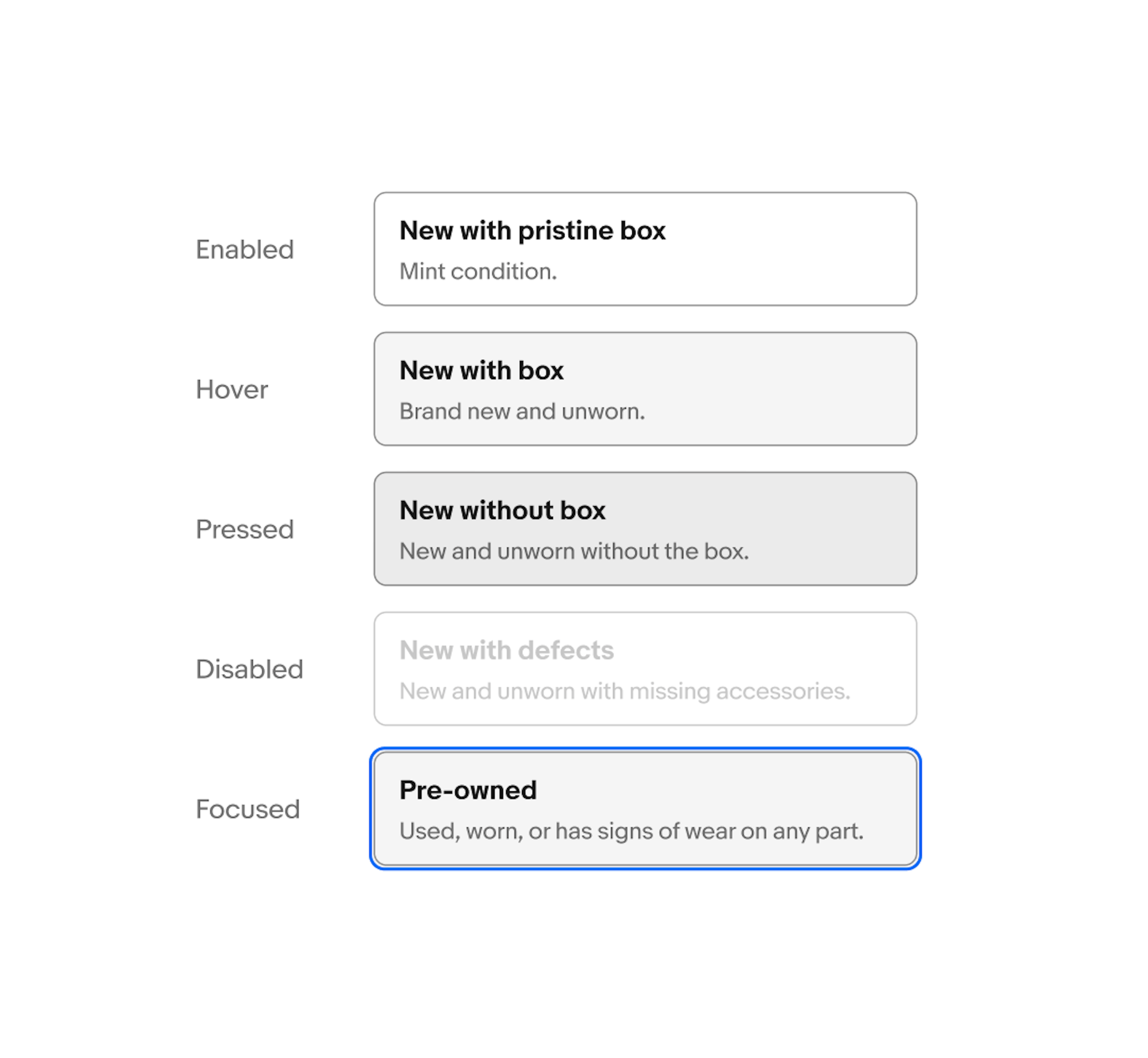 A series of toggle buttons in enabled, hover, pressed, disabled, and focused states.