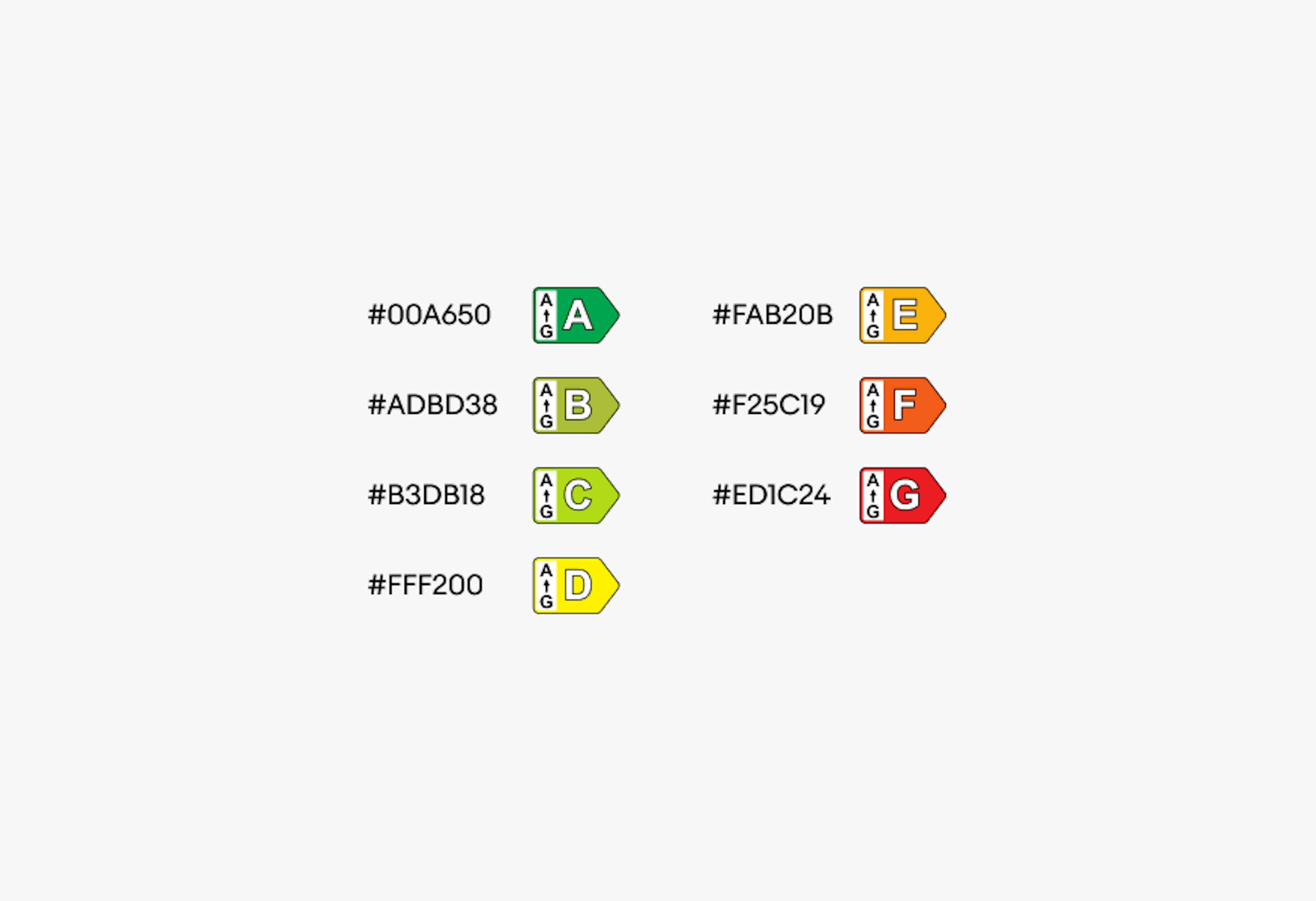 Detailed specs of the item card showing hex values for the seven colors ranging from green to yellow to red in a spectrum. The hex codes starting with green read: #00A650, #ADBD38, #B3DB18, #FFF200, #FAB20B, #F25C19, #ED1C24.