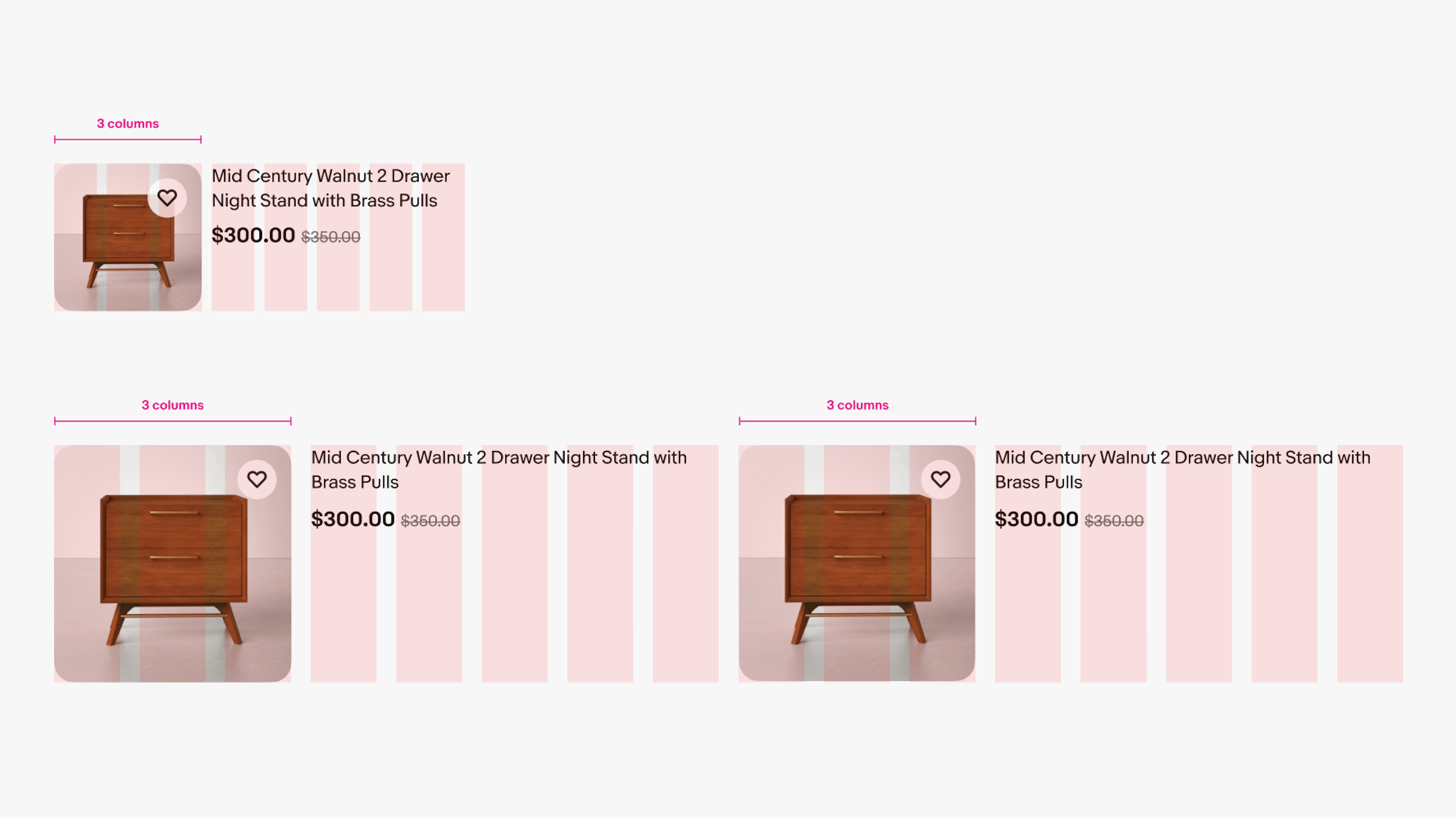 A small grid with 8 columns where the item tile image spans 3 columns. A large grid with 16 columns where two item tiles side-by-side have images that both span 3 columns.