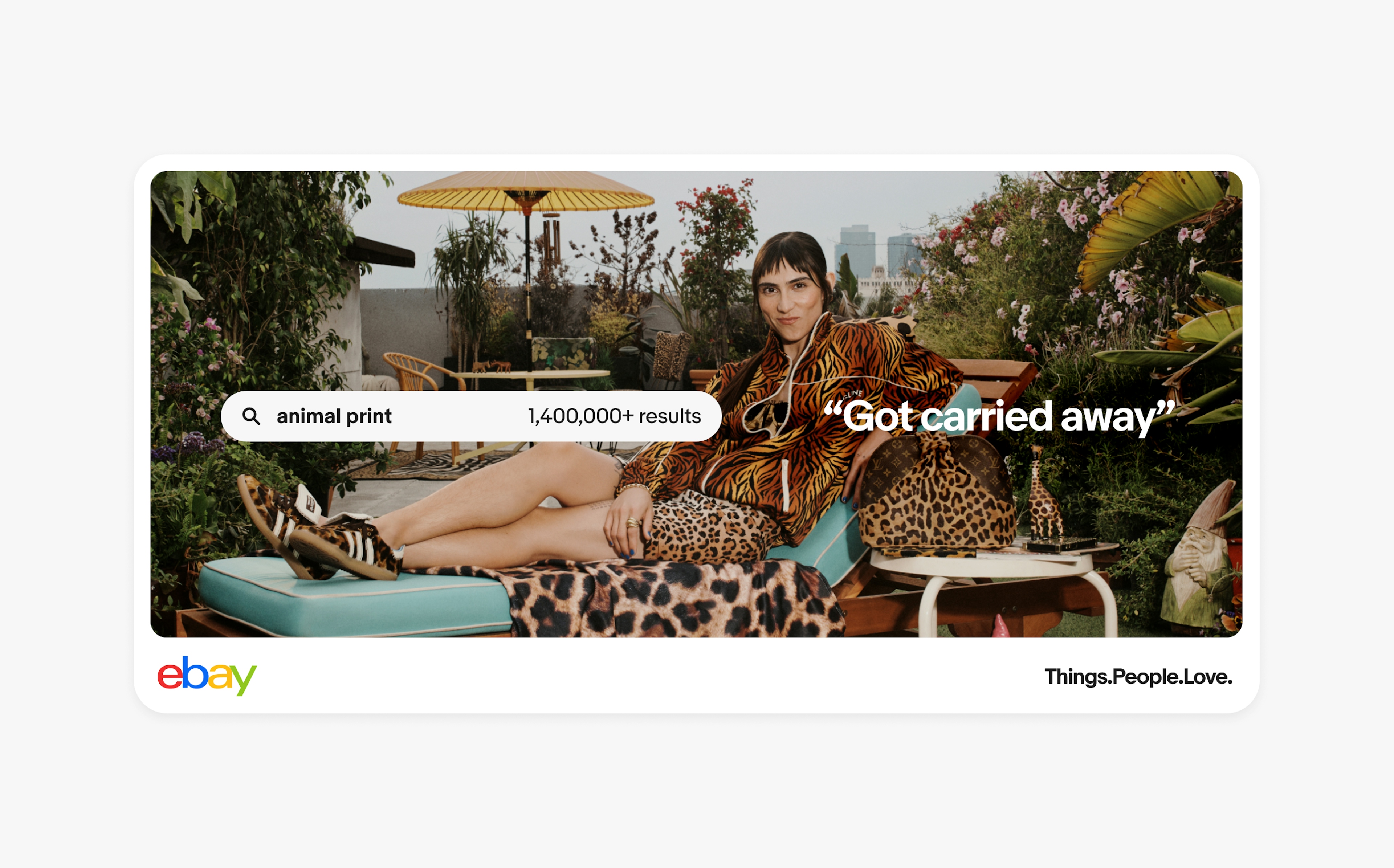 A woman in leopard print sitting on a lounge chair outside with the text "Got carried away". The search bar has "Animal print" with 1,400,000+ results.