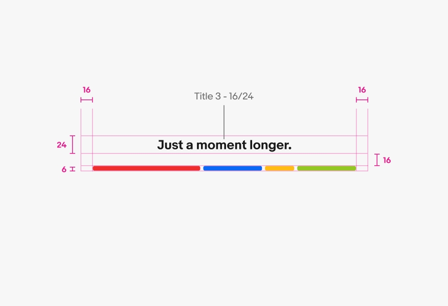 The Bars with small text expressive loader is shown with specs highlighted. The height of the bars is 6px. The padding between the small text and bars is 16px. The small text has a height of 24px. The small text size is Title 3, which is 16pt with a 24pt line height.