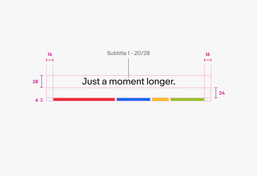 The Bars with large text expressive loader is shown with specs highlighted. The height of the bars is 6px. The padding between the large text and bars is 24px. The large text has a height of 28px. The large text size is Subtitle 1, which is 20pt with a 28pt line height.