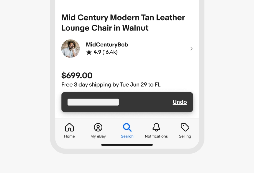 A skeleton loader sits inside of a snackbar on the eBay app.