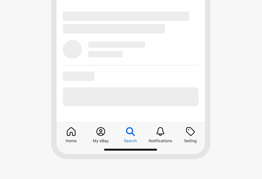 A skeleton loader sits in place of text and avatars on the eBay app.