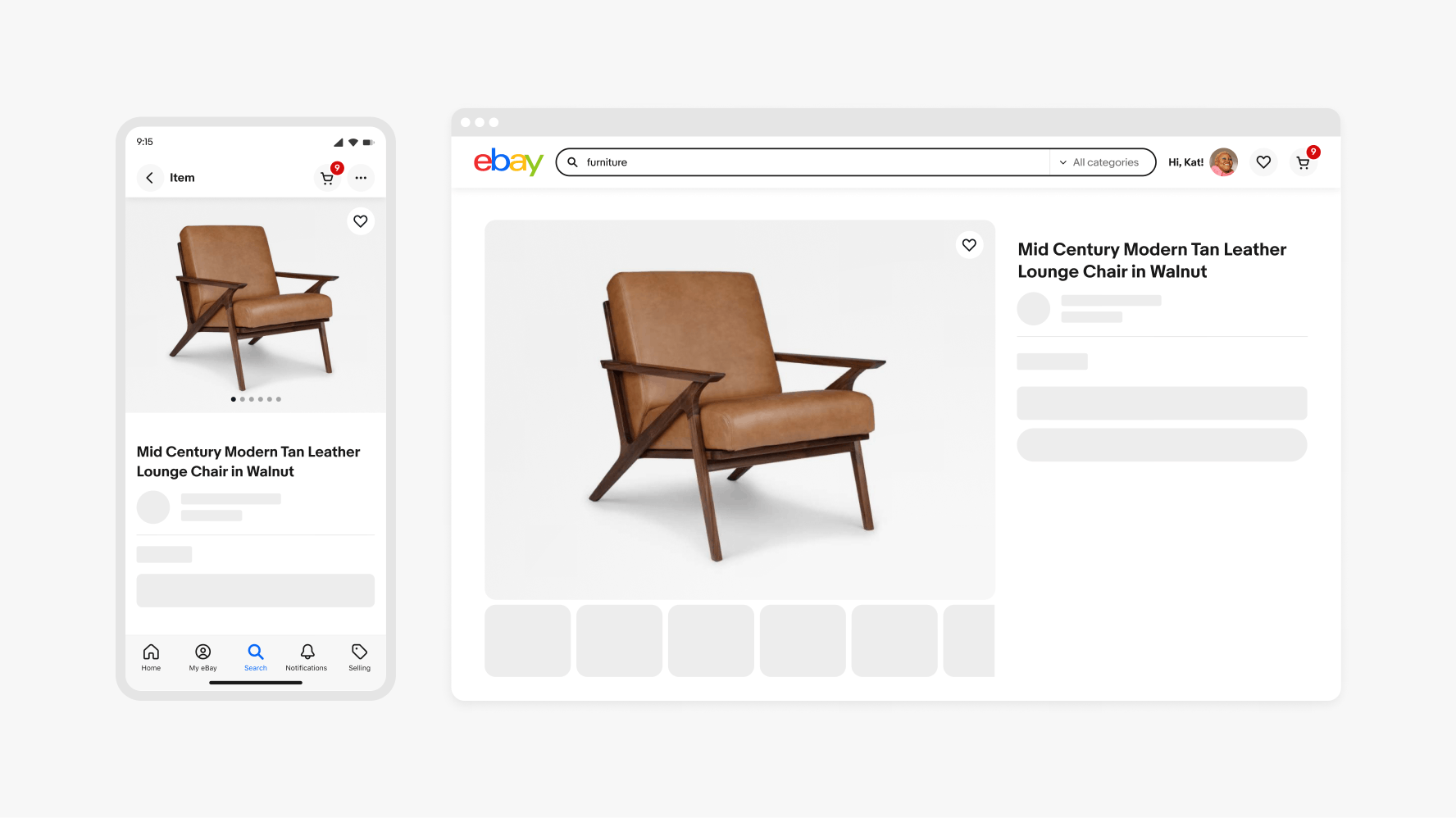 A lounge chair eBay listing is shown on mobile and desktop. The listing displays the product image and item title, and skeleton loaders are placed in areas that hold additional information.