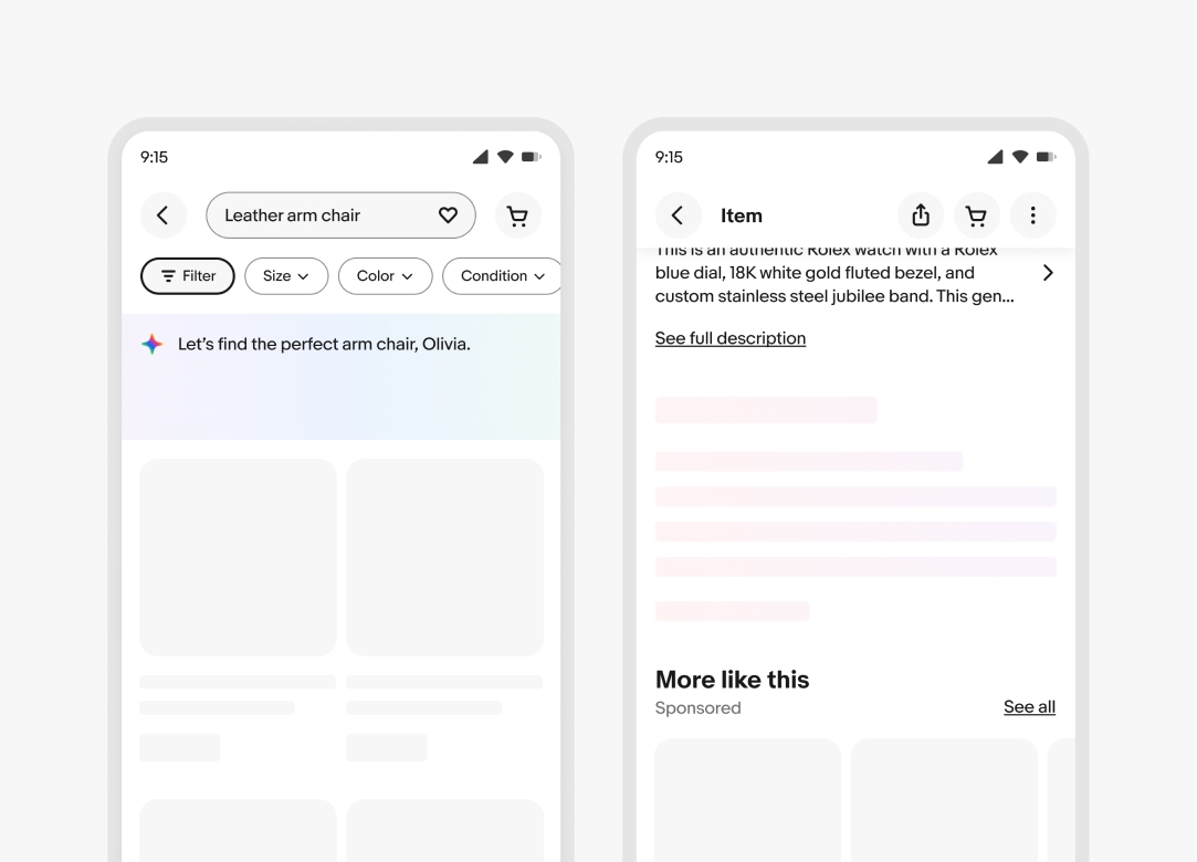 Two mobile examples showing subtle gradients being used as loading states. The first shows the background of an assistant module using the subtle blue gradient. The second shows a skeleton loader using the subtle purple gradient.