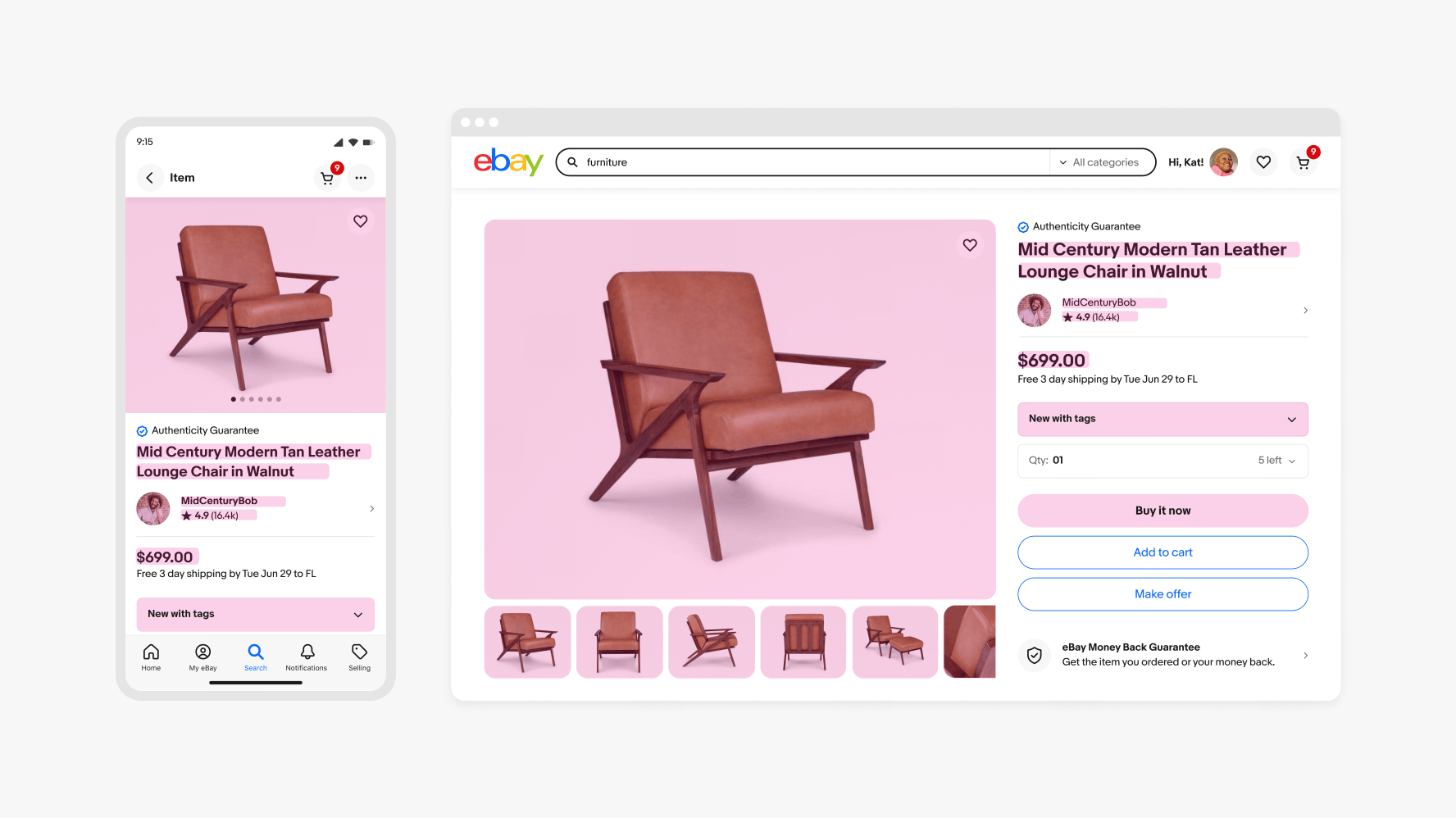 A lounge chair eBay listing is shown on mobile and desktop. Pink blocks overlay the areas in the listing that would require a skeleton loader: main image, product images, item title, seller information, condition, action buttons.