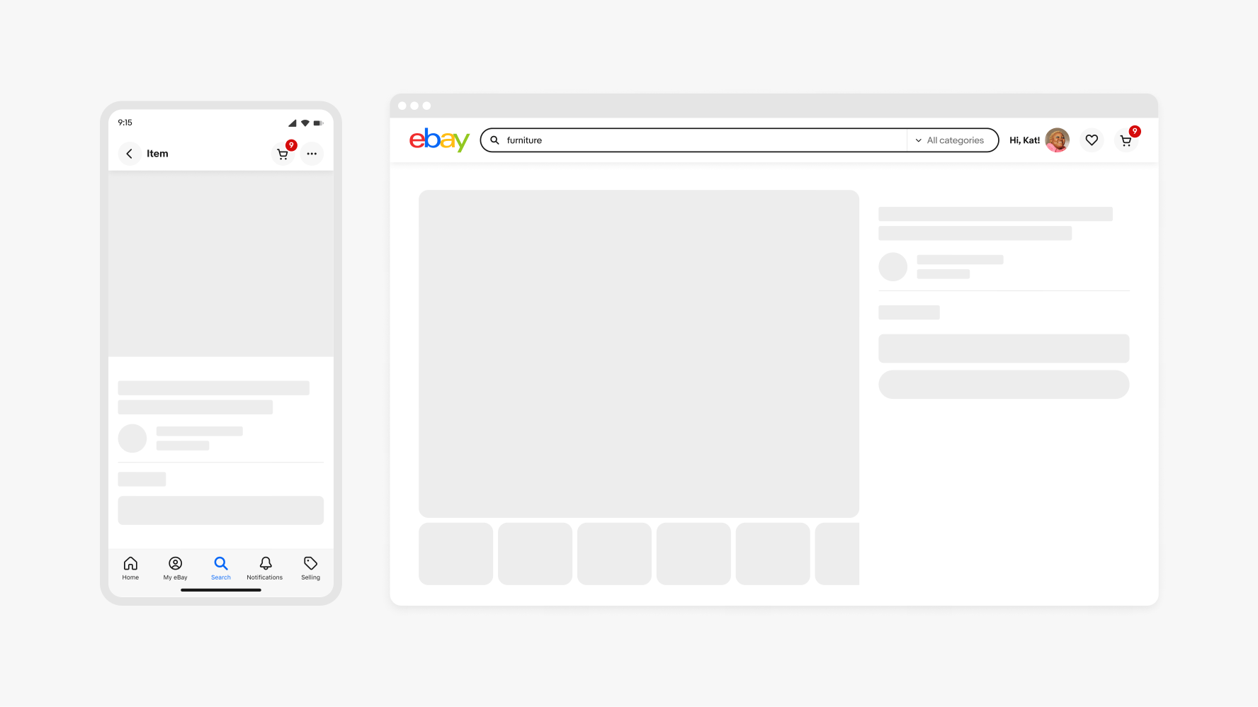 eBay listing screens are shown on desktop and mobile with skeleton loaders applied.