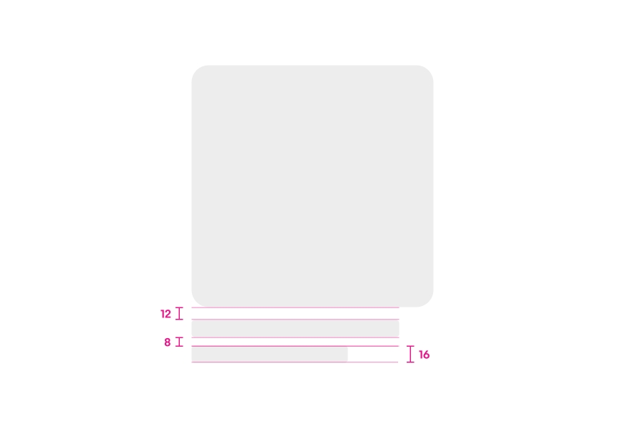 Item tile skeleton loader is shown with specs highlighted. Padding between the image and first line of type is 12px, padding between the type block is 8px, the height of the type is 16px.