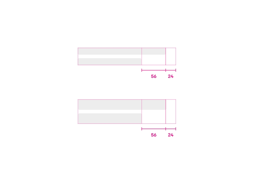 A large and small type block skeleton loaders are shown with specs highlighted. Padding to the right of the type blocks is 24px. The second type line in a type block is 56px shorter in width than the first longer type line in the block.