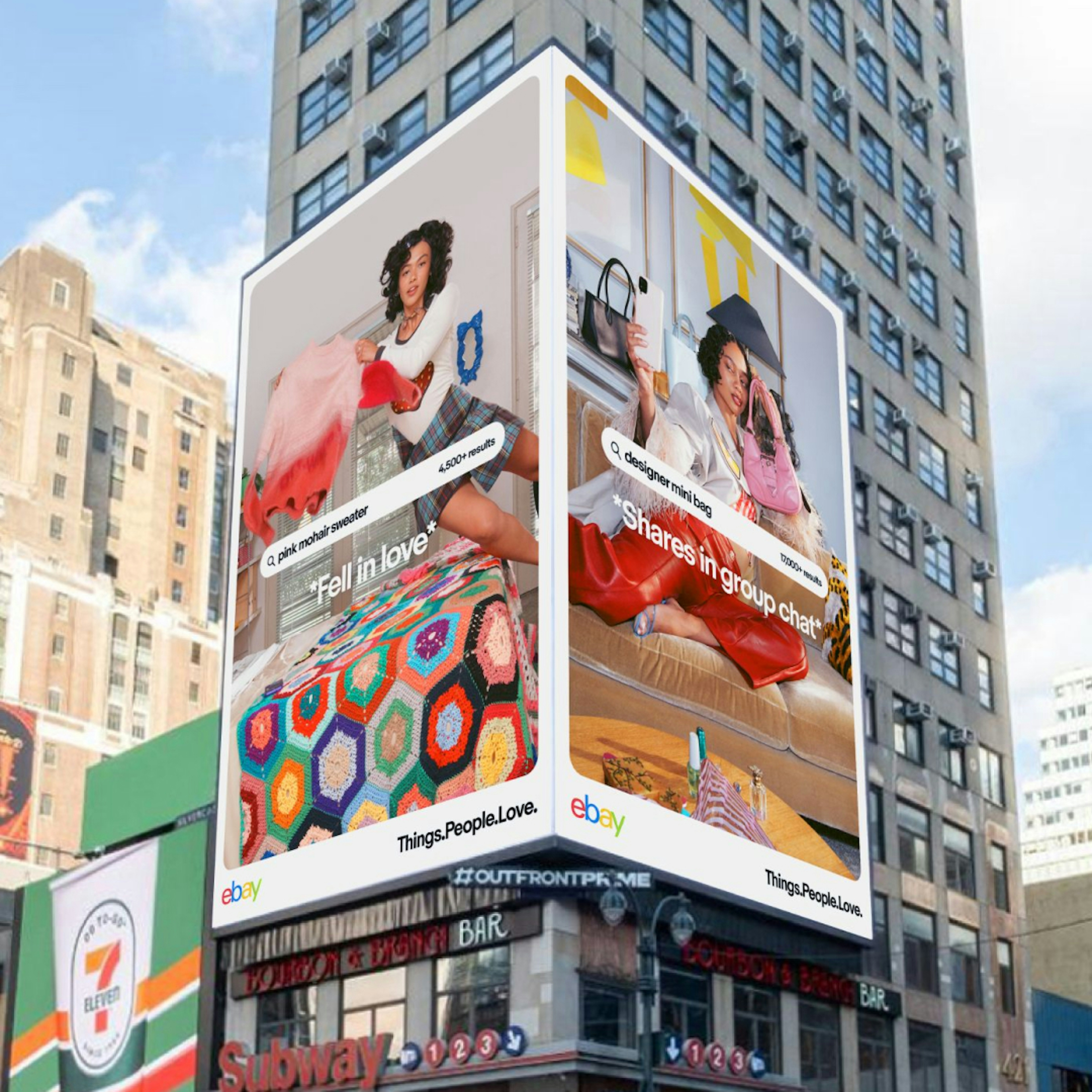 A billboard in New York City of eBay’s recent Things People Love campaign. It feature two images with search bar UI on top and copy just below. The four color eBay logo and Things People Love tagline are aligned to the bottom of the advertisement. The first ad says pink mohair sweater with 4,500+ results within the search bar UI and the text below states “Fell in love”. The image behind is of a girl jumping on a bed holding a pink mohair sweater. The second ad says designer mini bag with 17,000+ results and the text below says *shares in group chat*. The image behind is of a girl sitting on a couch holding up a designer handbag.