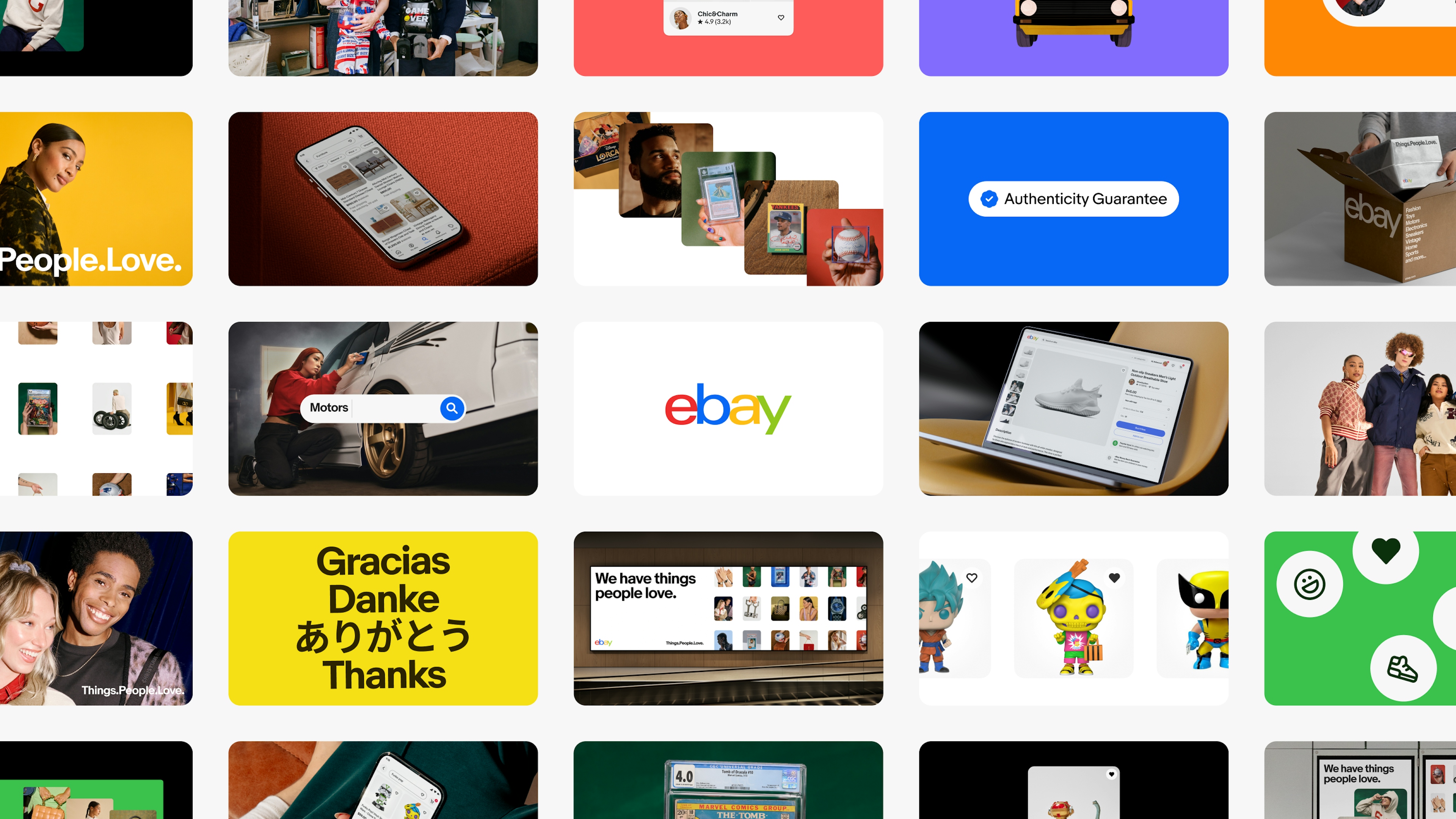 A grid of eBay Evo compositions that represent the holistic expression of the brand and design system across marketing and product touch-points. 