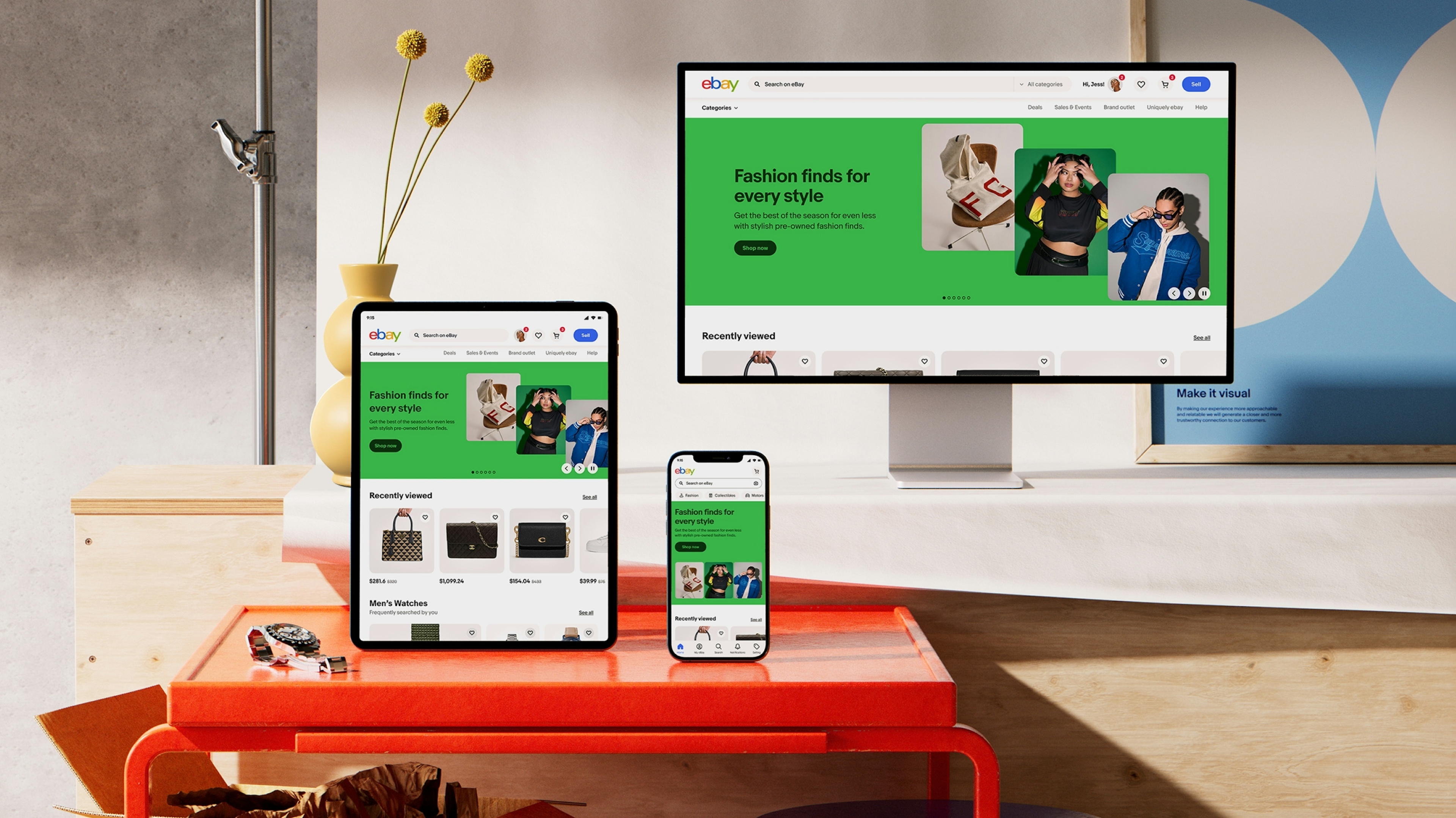 An image of a large desktop, vertical tablet, and mobile phone showcasing the new eBay homepage using eBay Evo design elements and how it scales seamlessly across devices.