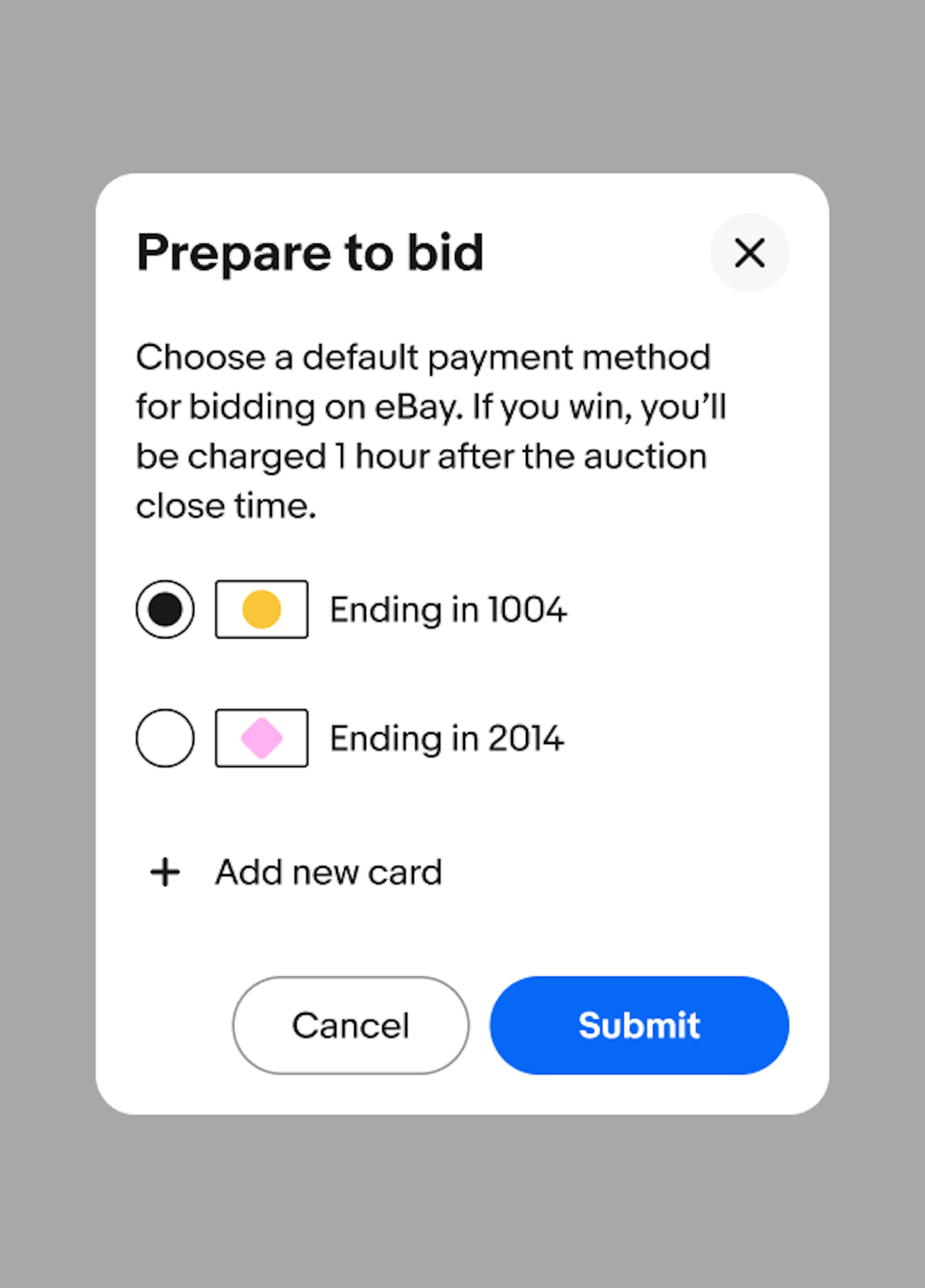 Task dialog with two buttons in the footer container and a radio button group to select a payment method in the content container.