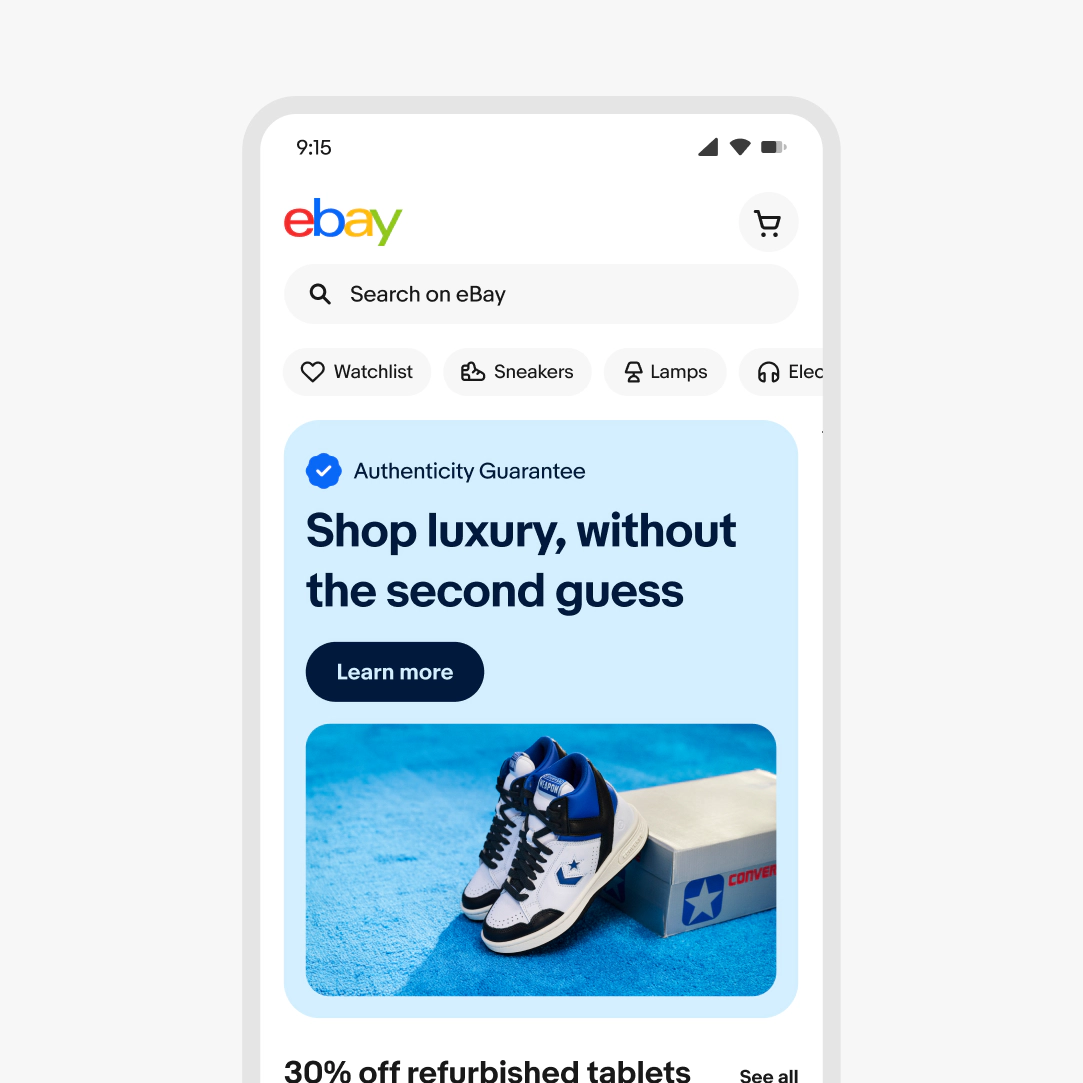 A home page mobile design with Authenticity Guarantee in the overline of a banner.