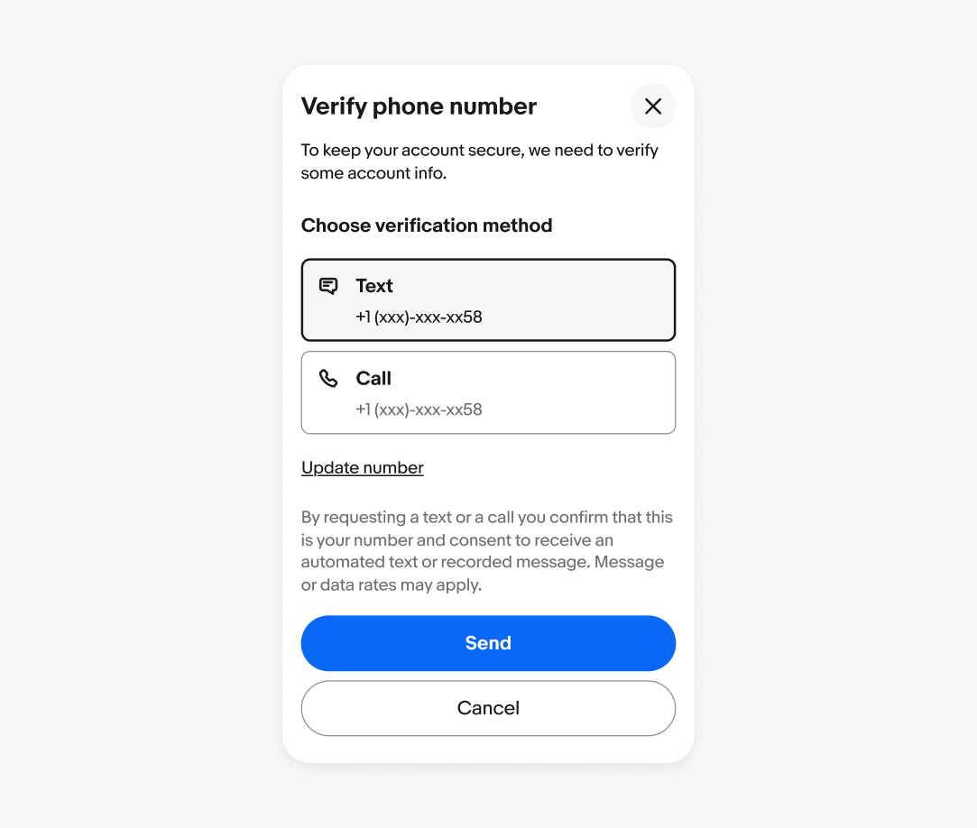 Two buttons stacked in the footer on a small screen. The top primary button reads “send” and the tertiary button sits below and reads “cancel”. 