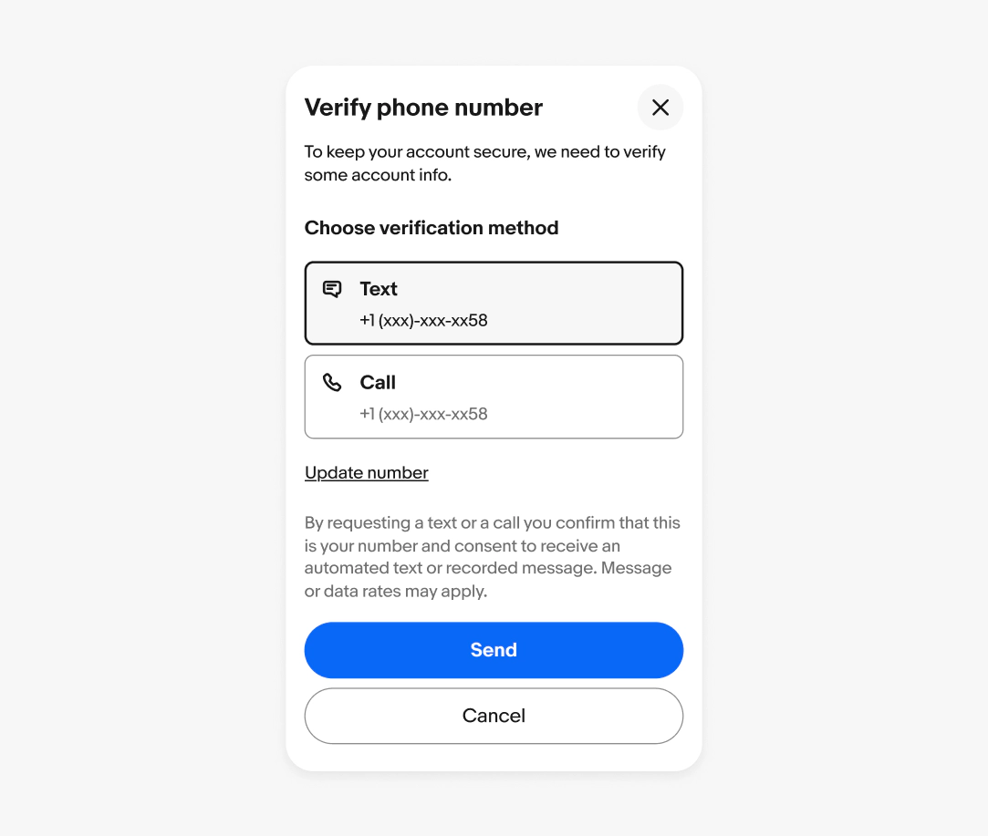 Two buttons stacked in the footer on a small screen. The top primary button reads “send” and the tertiary button sits below and reads “cancel”.