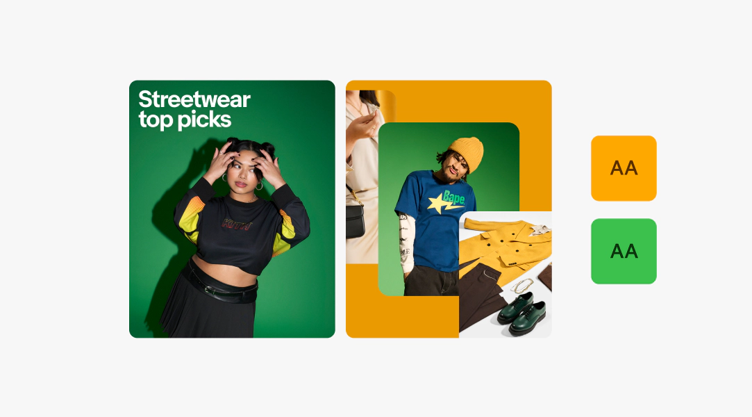 An example of Analogous color pairings shows two social posts with an orange and green pairing: The post on the left is a studio shot of a person posing in streetwear on top of a green background, with white text reading “Streetwear top picks”, and an Authenticity Guarantee program badge on the bottom left in a white pill. The post on the right showcases three studio images containing orange and green elements, on top of an orange background.