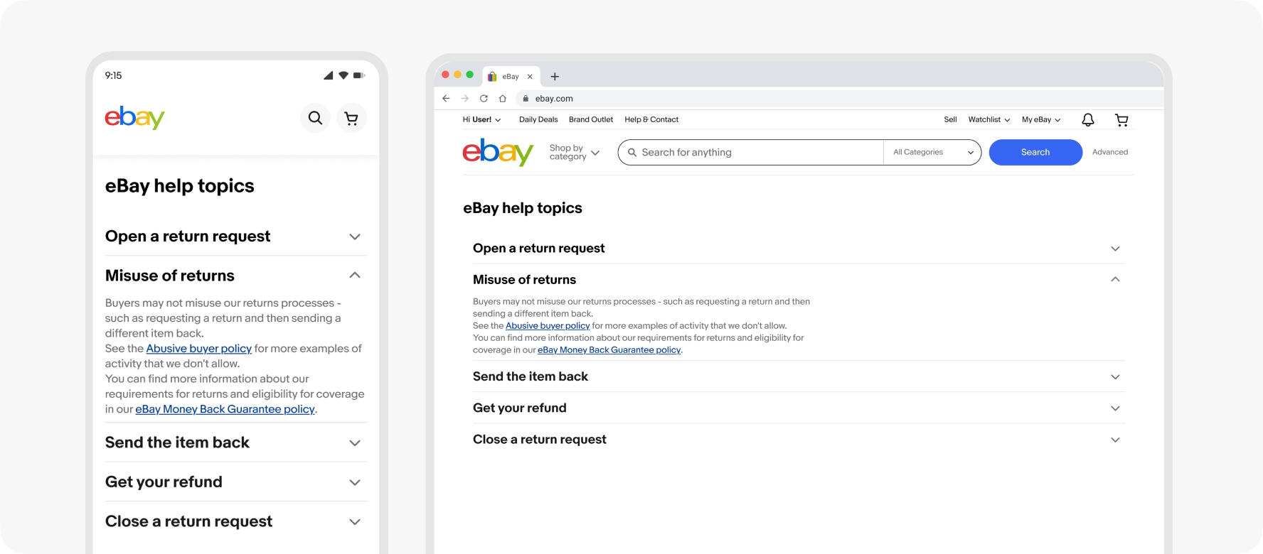 Two examples of small and large screen screens showing help topic text that include legal links.