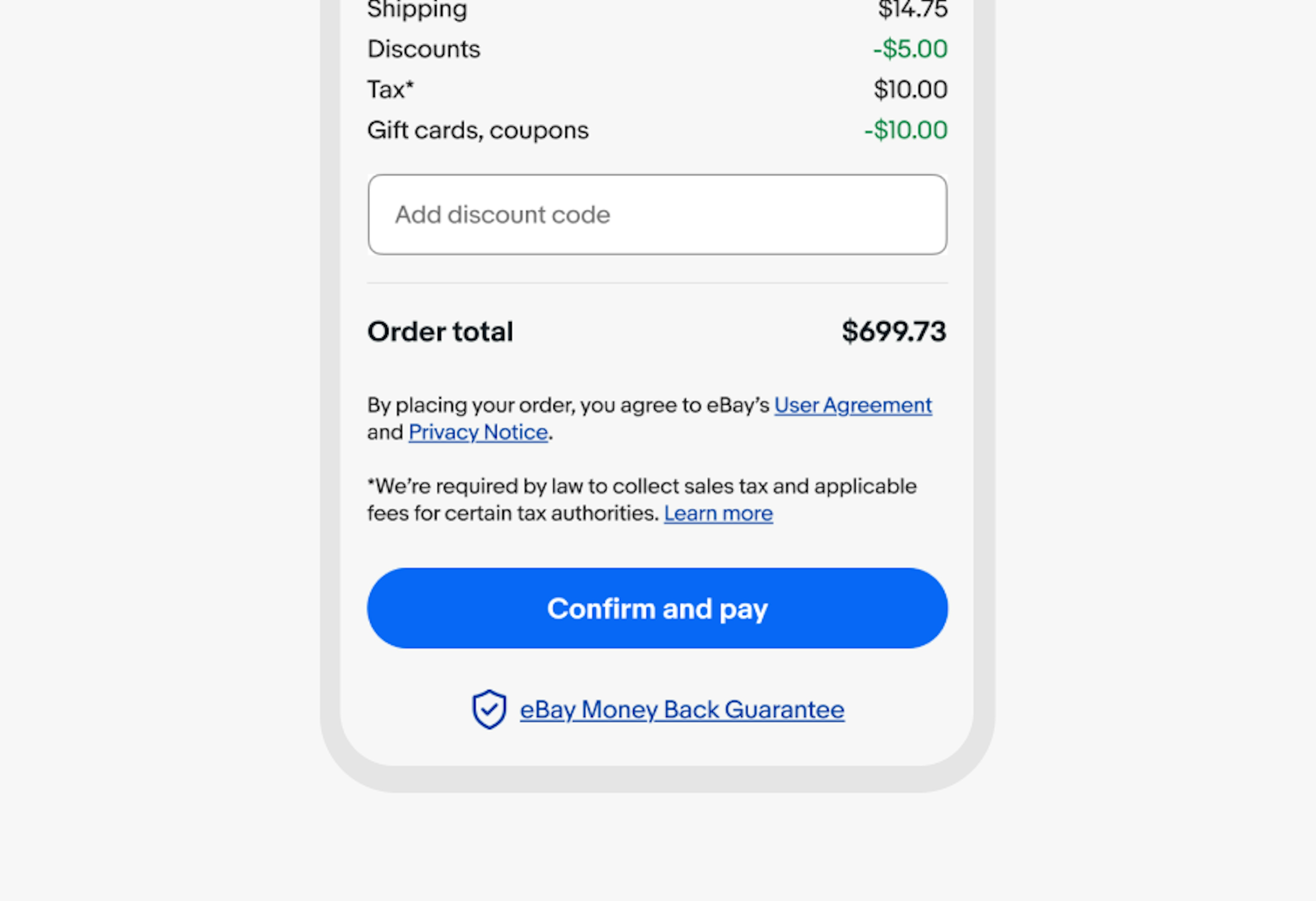 An example of a checkout screens showing legal links near the ‘Confirm and pay’ button.