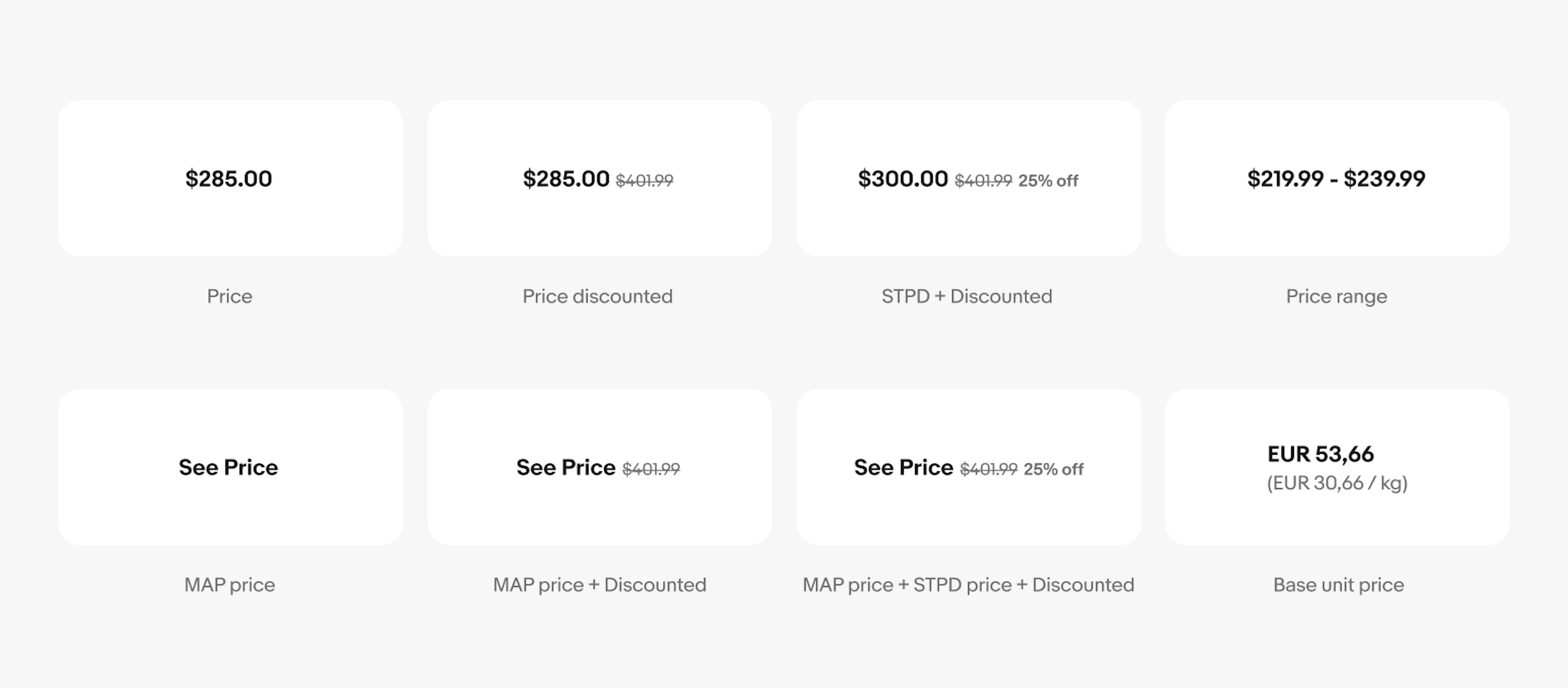 8 variants of item tiles including price, price discounted, STPD + discounted, Price range, MAP price, MAP price + Discounted, MAP price + STPD price + Discounted, Base unit price.