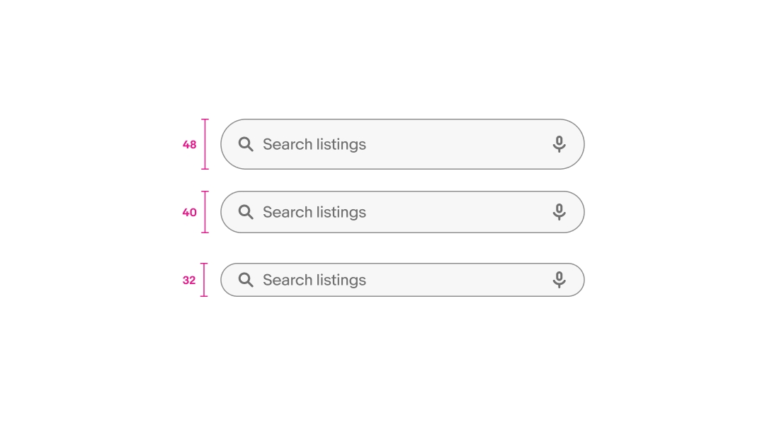Three search bars at 48px, 40px, and 32px height with same content.