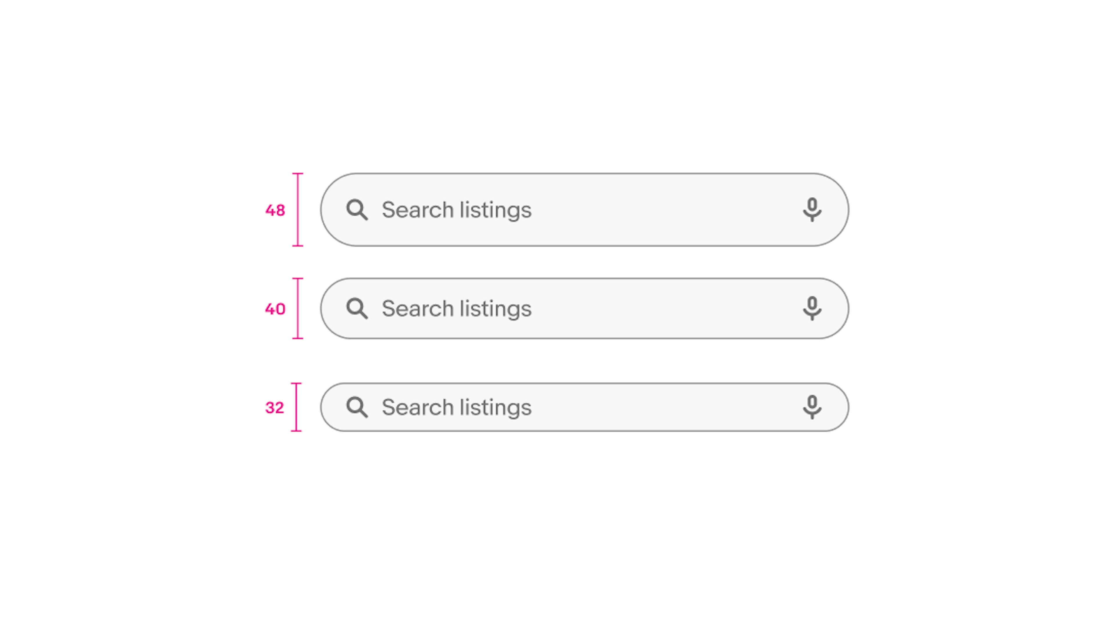 Three search bars at 48px, 40px, and 32px height with same content.