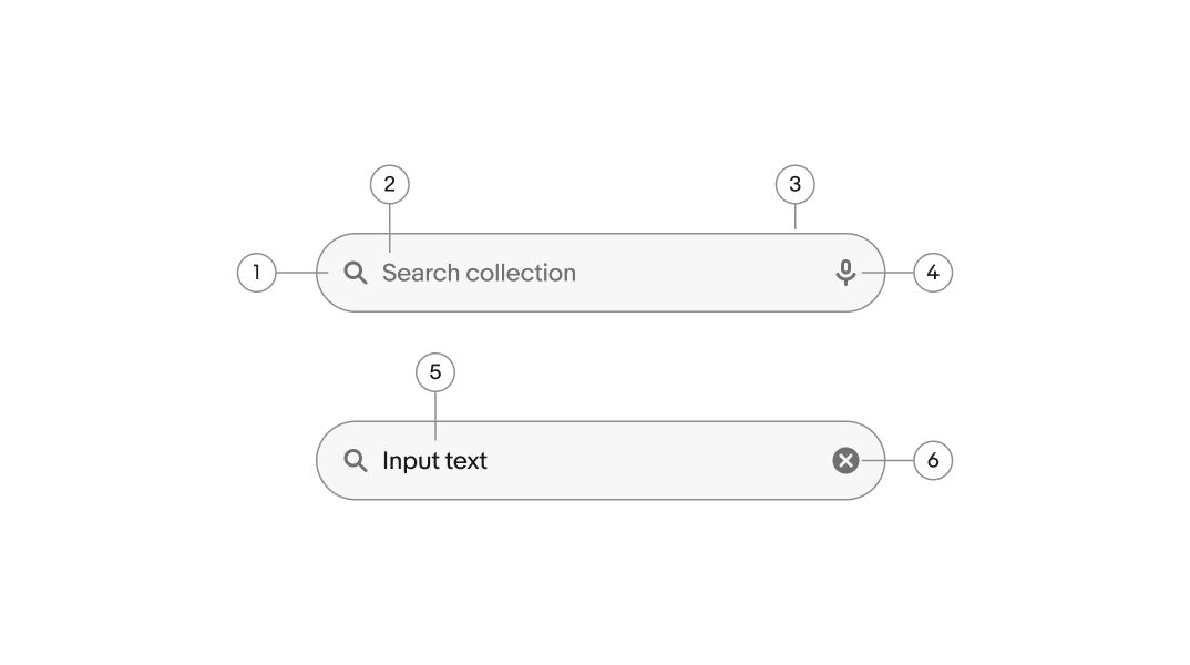 Two search fields showing icons, placeholder text, and layout variants.