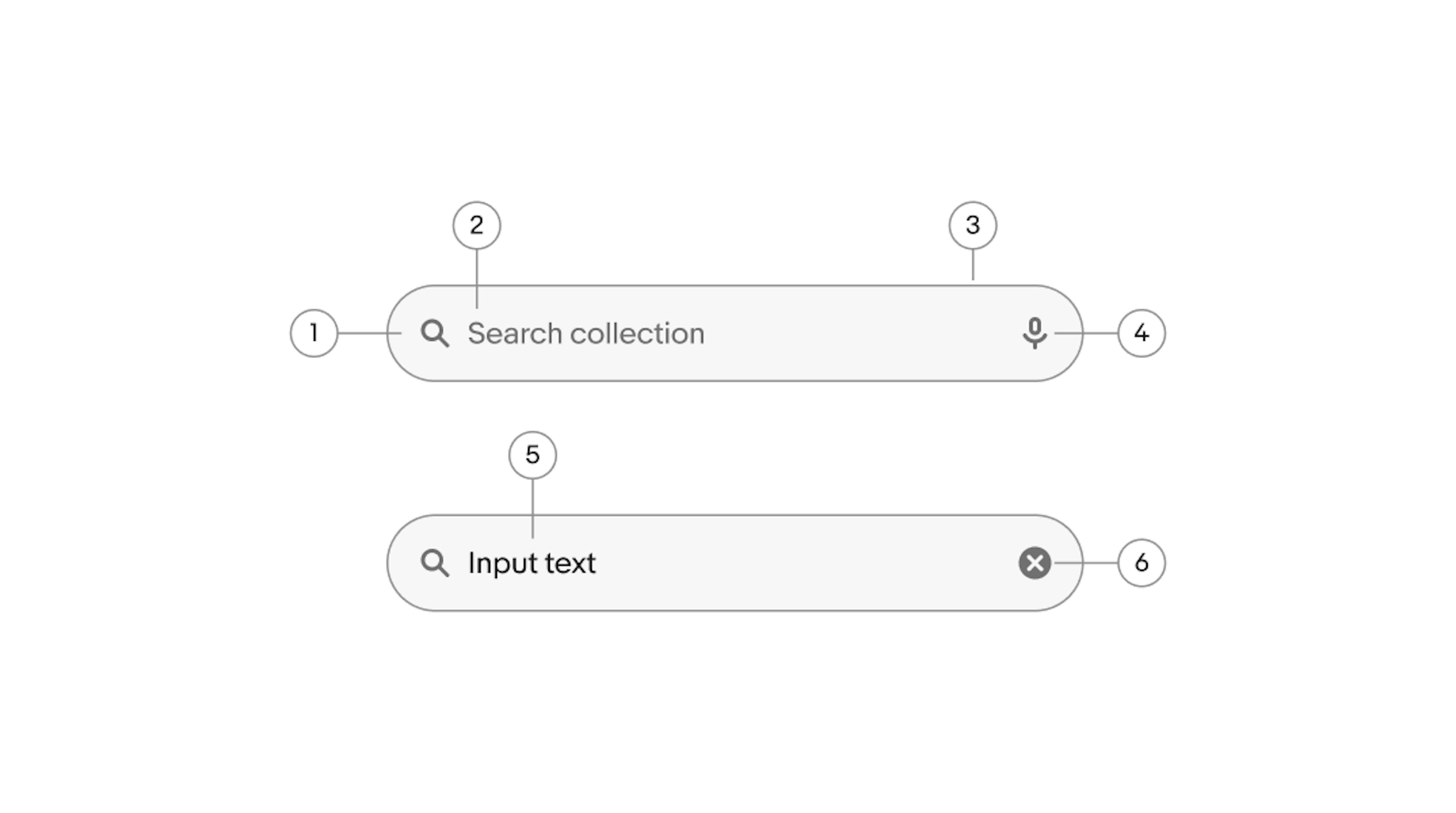 Two search fields showing icons, placeholder text, and layout variants.