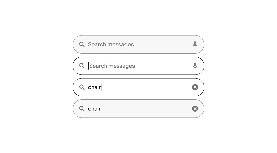 4 different states of a search field where each has a persistent search icon at the beginning.