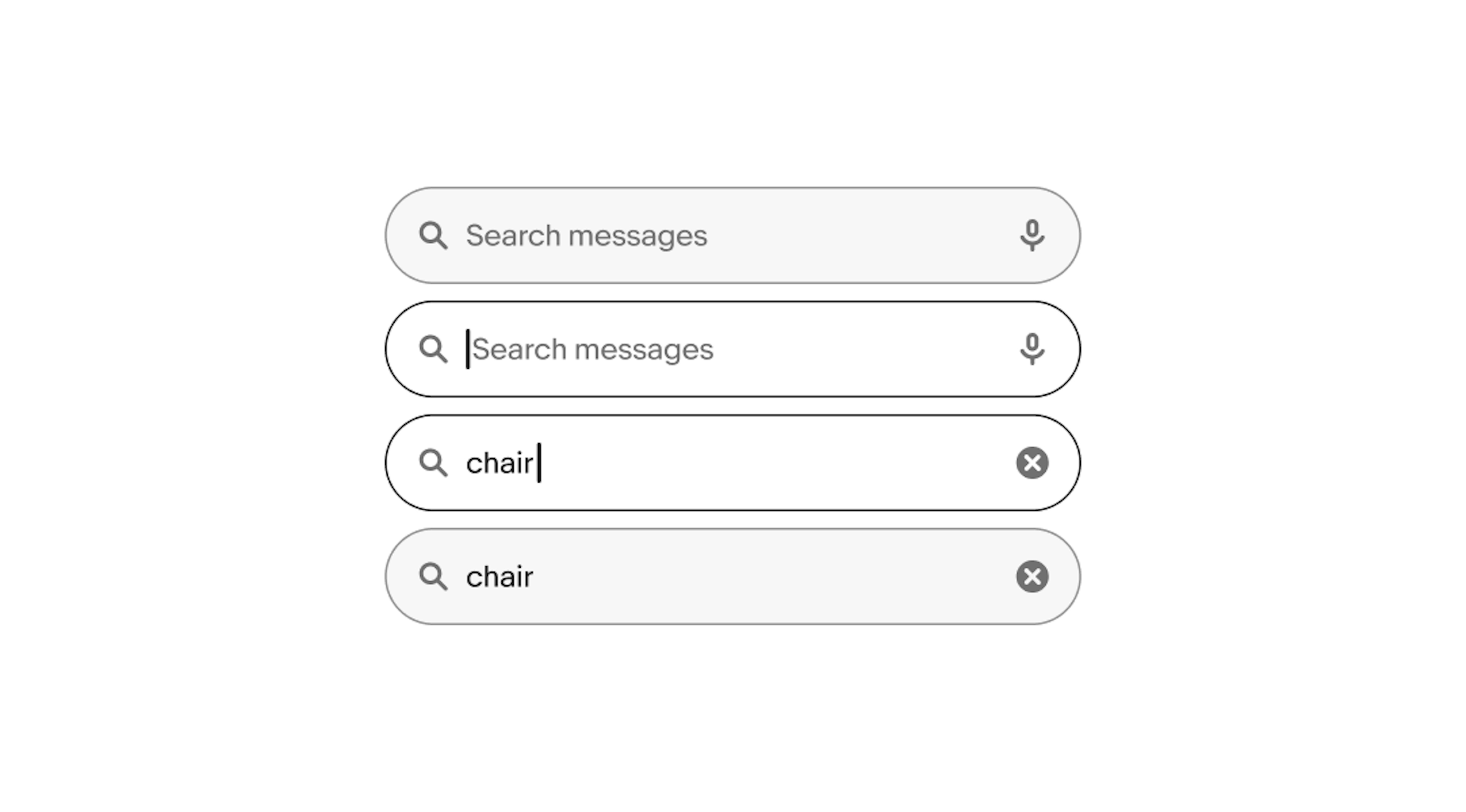 4 different states of a search field where each has a persistent search icon at the beginning. 