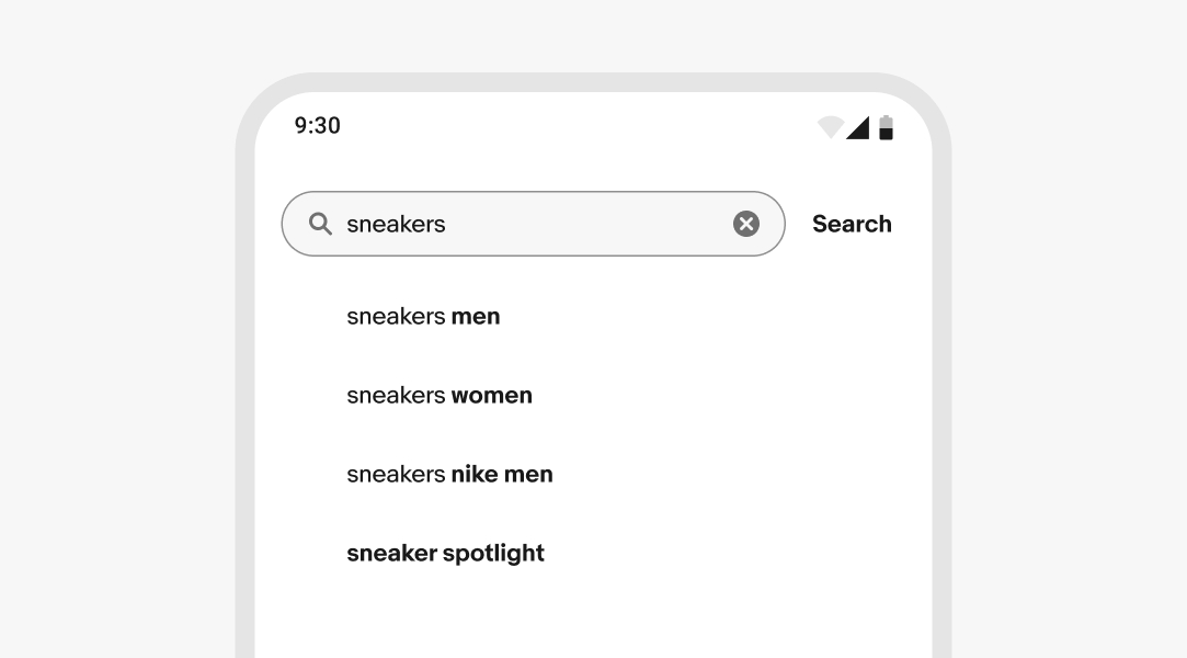 Search bar with suggestions for “sneakers” and matching bold keywords.
