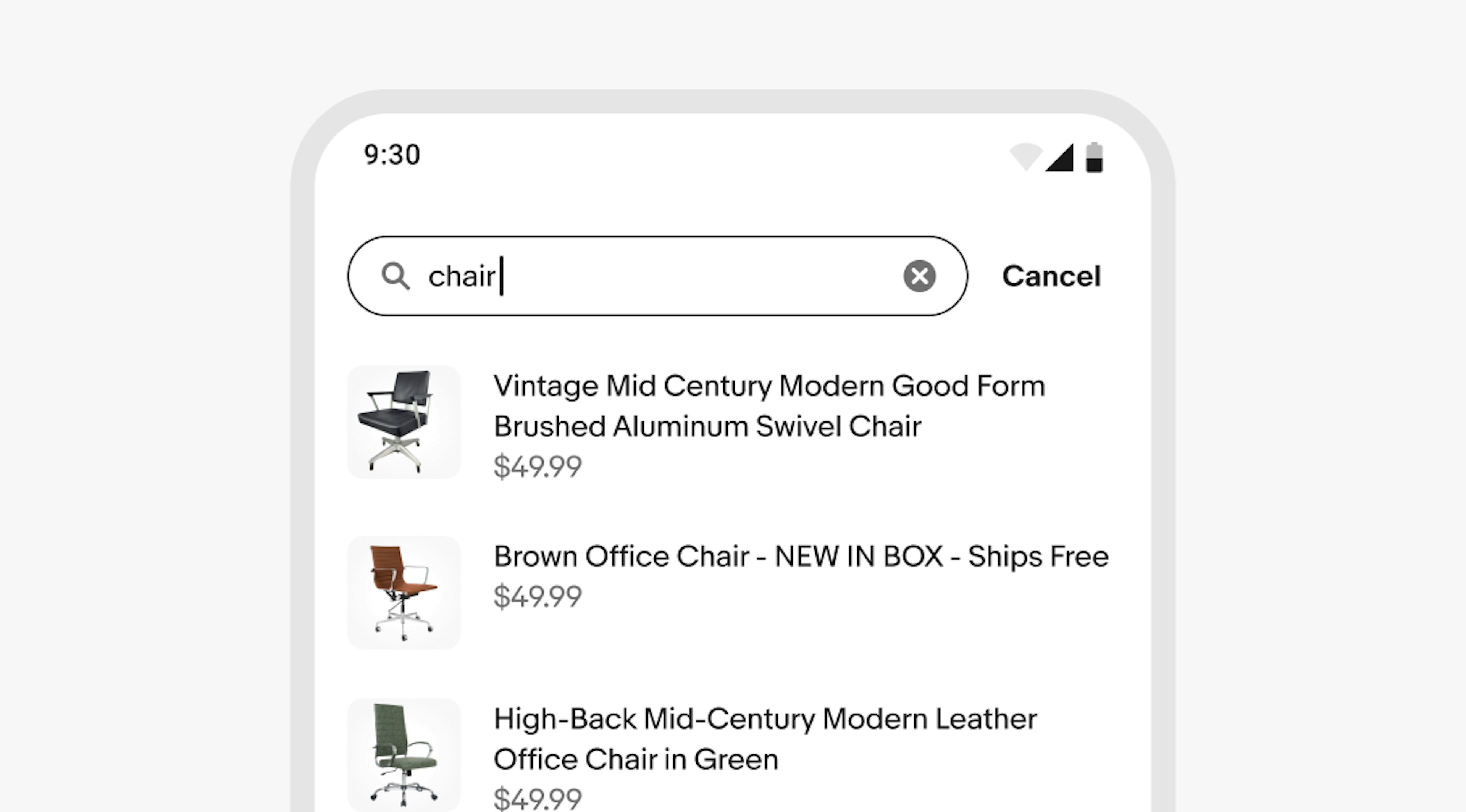 Mobile search showing results for “coltrane” with three John Coltrane vinyl albums and a clear (X) button in the search bar.