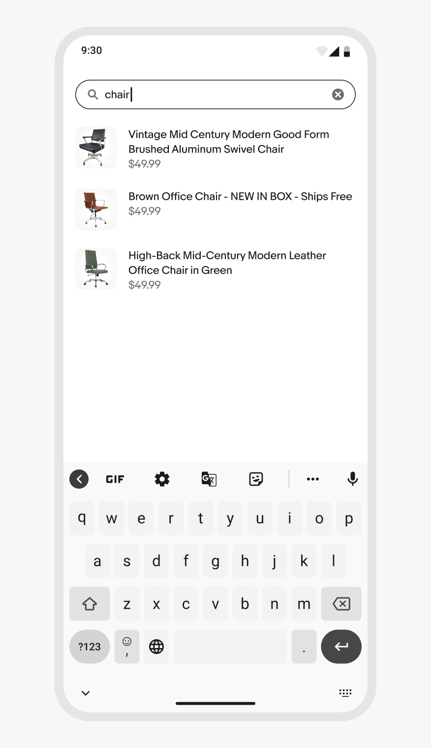 Mobile native app search with keyboard and vinyl results for "coltrane."