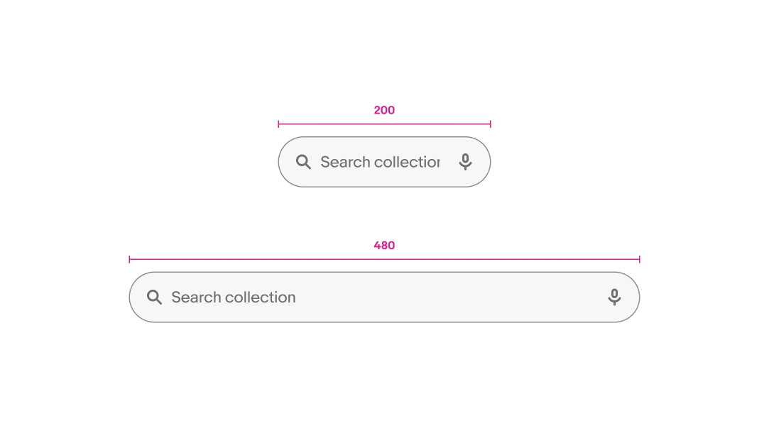 Search bars shown at 200px and 480px widths with identical structure.