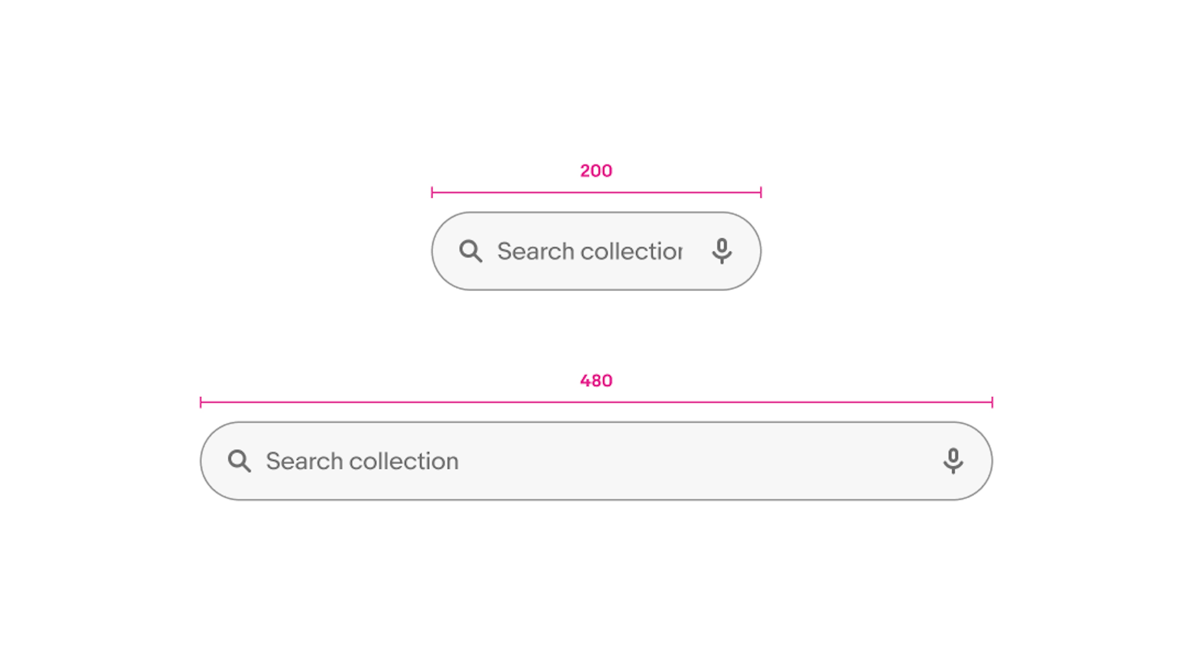Search bars shown at 200px and 480px widths with identical structure.