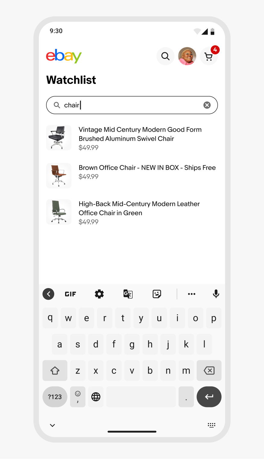 Mobile web search in eBay Watchlist for "coltrane" with results.