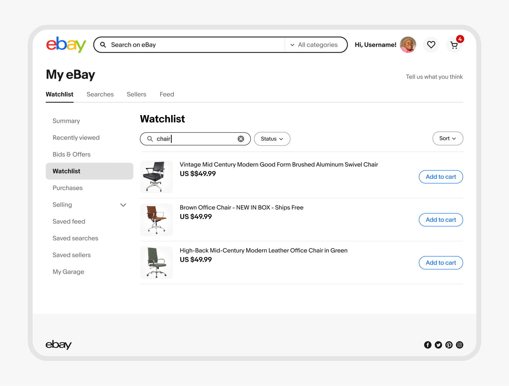 Desktop Watchlist view with inline search for "chair" results.