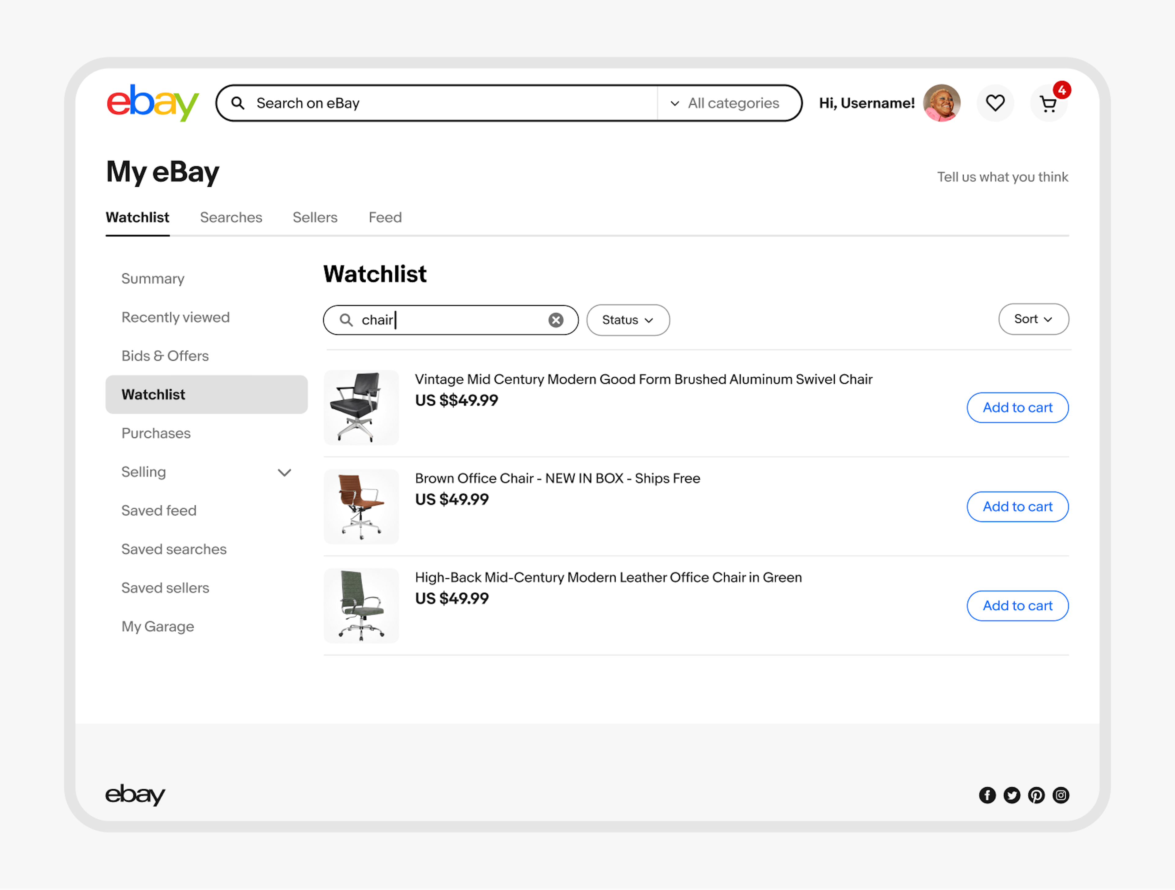 Desktop Watchlist view with inline search for "chair" results.