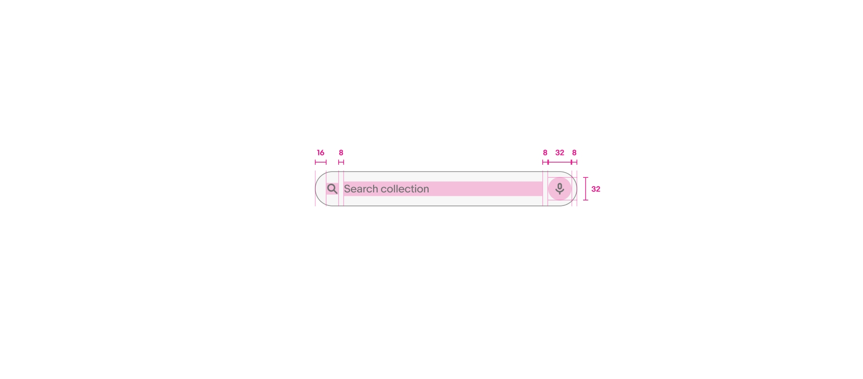 Search bar annotated with padding and spacing for icons and content.