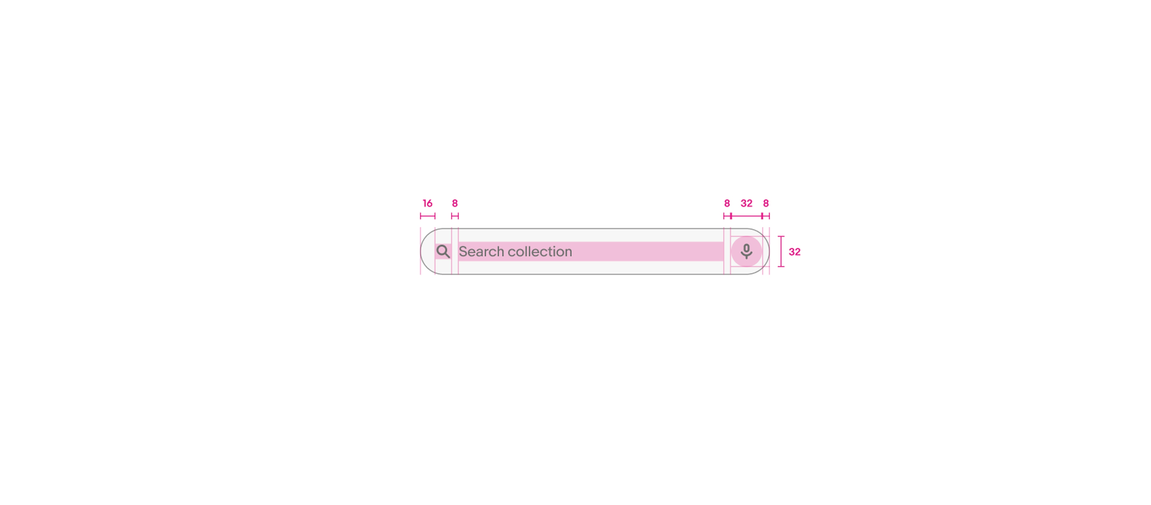 Search bar annotated with padding and spacing for icons and content.